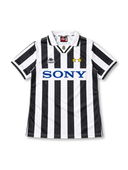 Juventus 1995/97 black and white striped home jersey with white polo collar, Kappa logo, two gold stars and Sony sponsor