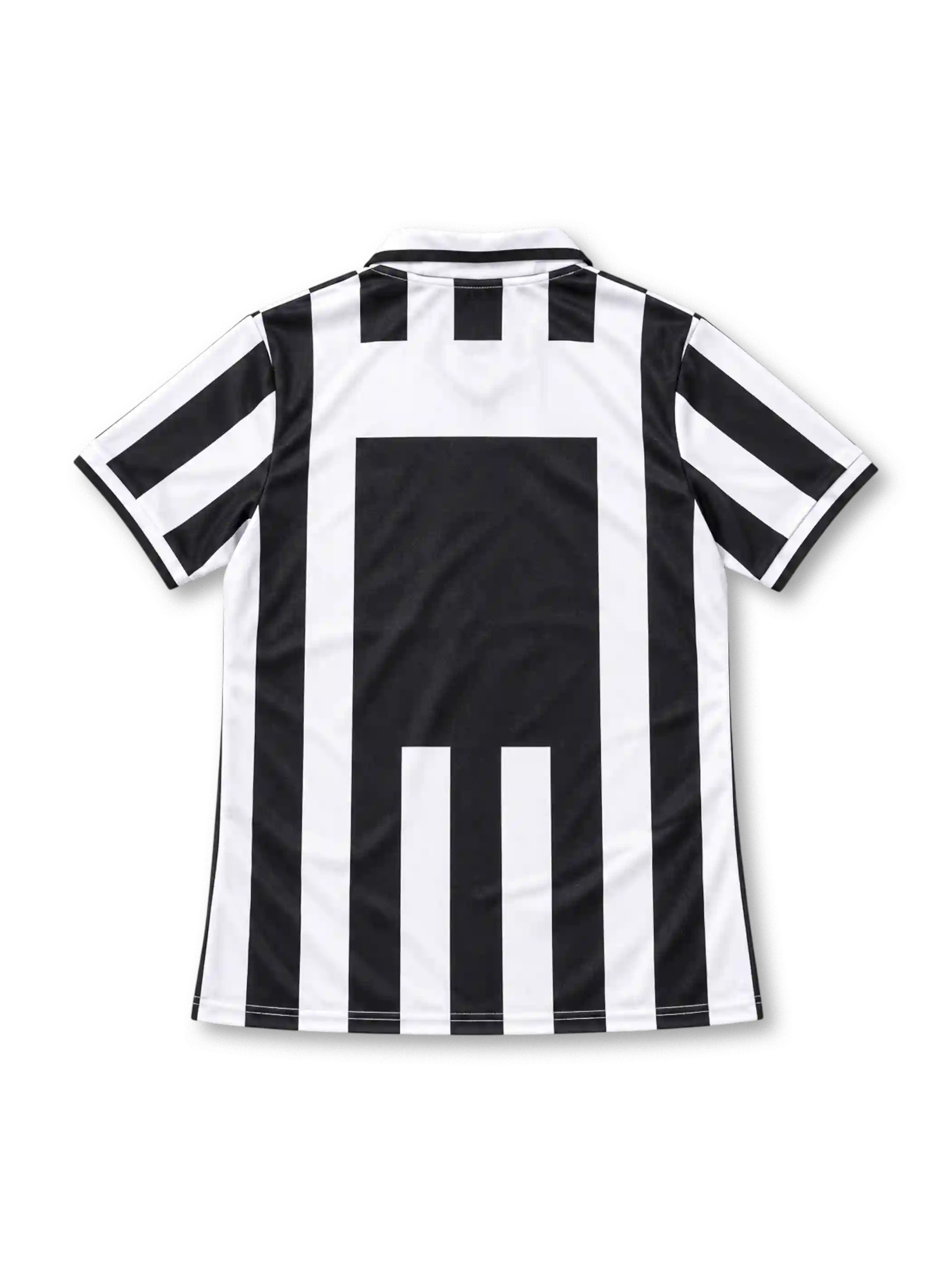 Juventus 1995/97 black and white striped home jersey with white polo collar, Kappa logo, two gold stars and Sony sponsor