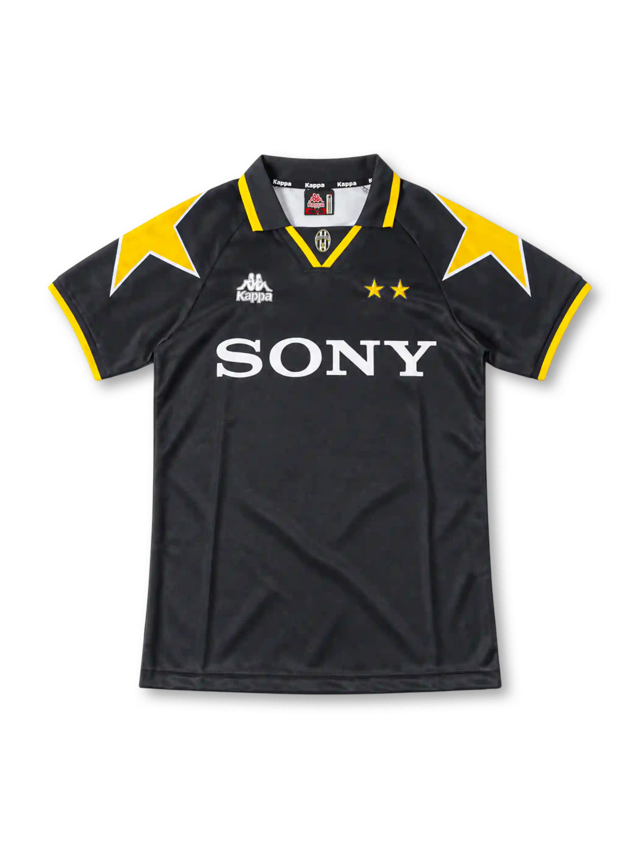 Juventus 1995/97 black away jersey with yellow shoulder stars, yellow-trimmed collar, Kappa logo and Sony sponsor