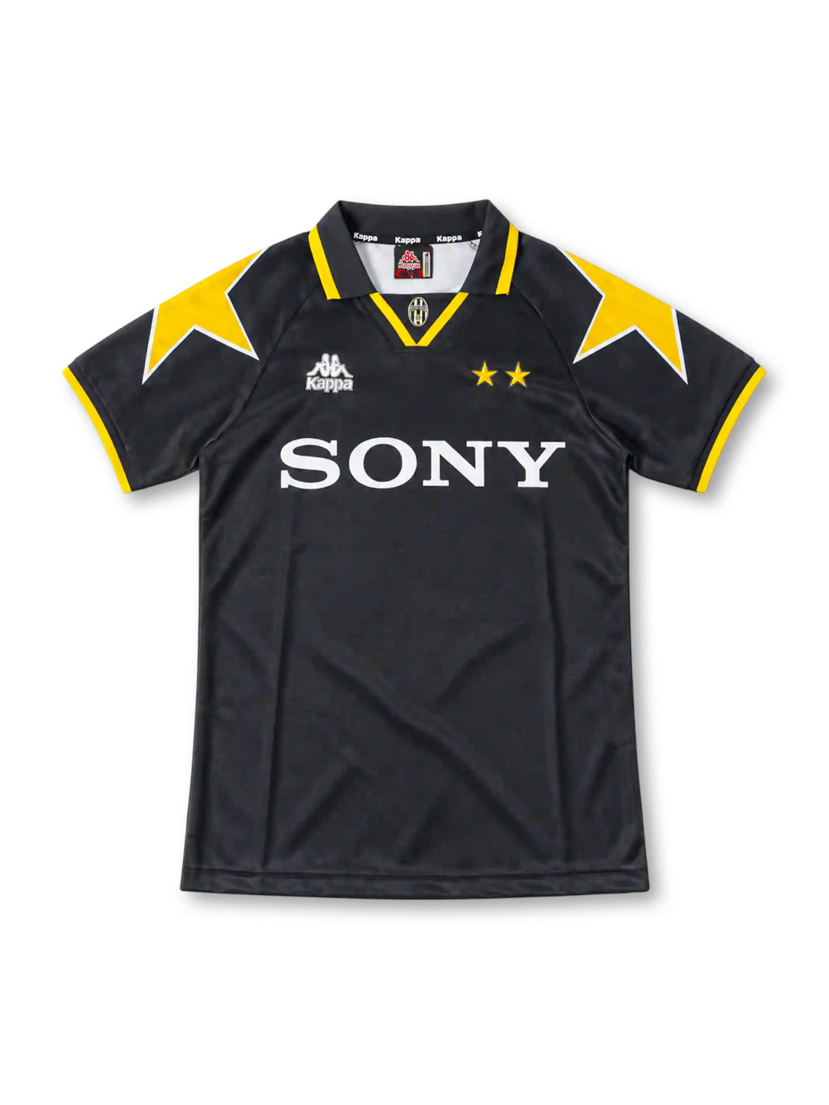 Juventus 1995/97 black away jersey with yellow shoulder stars, yellow-trimmed collar, Kappa logo and Sony sponsor