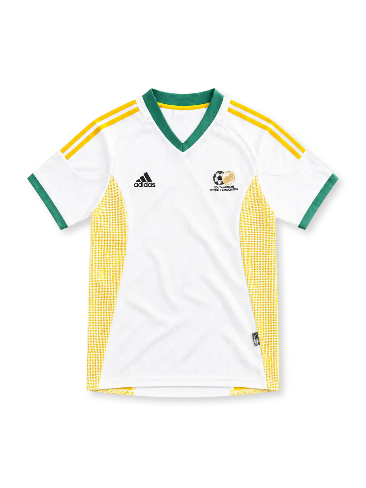 South Africa 2002 white away jersey with green V-neck collar, yellow adidas stripes, yellow mesh side panels and SAFA crest