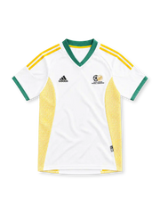 South Africa 2002 white away jersey with green V-neck collar, yellow adidas stripes, yellow mesh side panels and SAFA crest