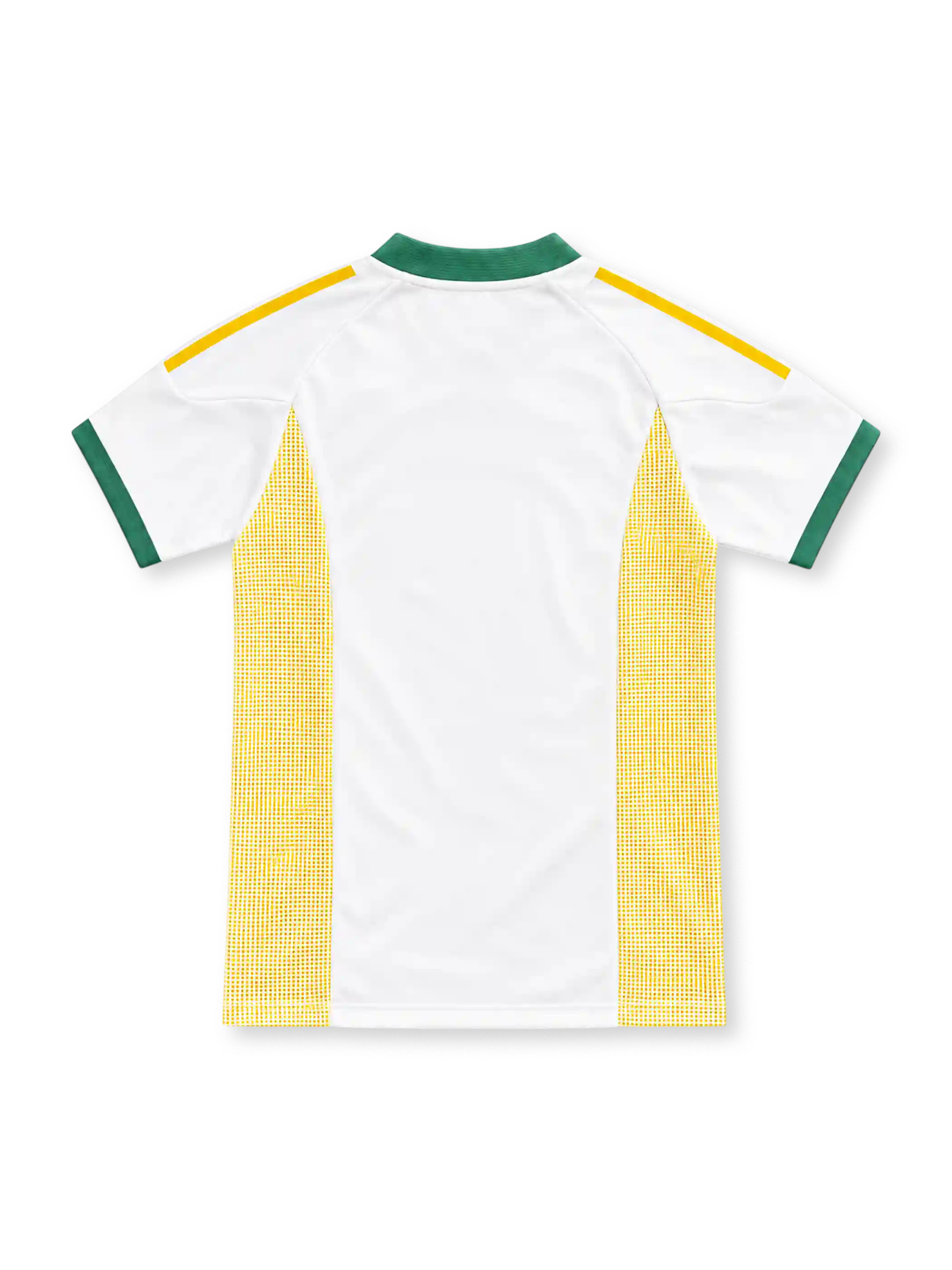 South Africa 2002 white away jersey with green V-neck collar, yellow adidas stripes, yellow mesh side panels and SAFA crest