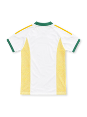 South Africa 2002 white away jersey with green V-neck collar, yellow adidas stripes, yellow mesh side panels and SAFA crest
