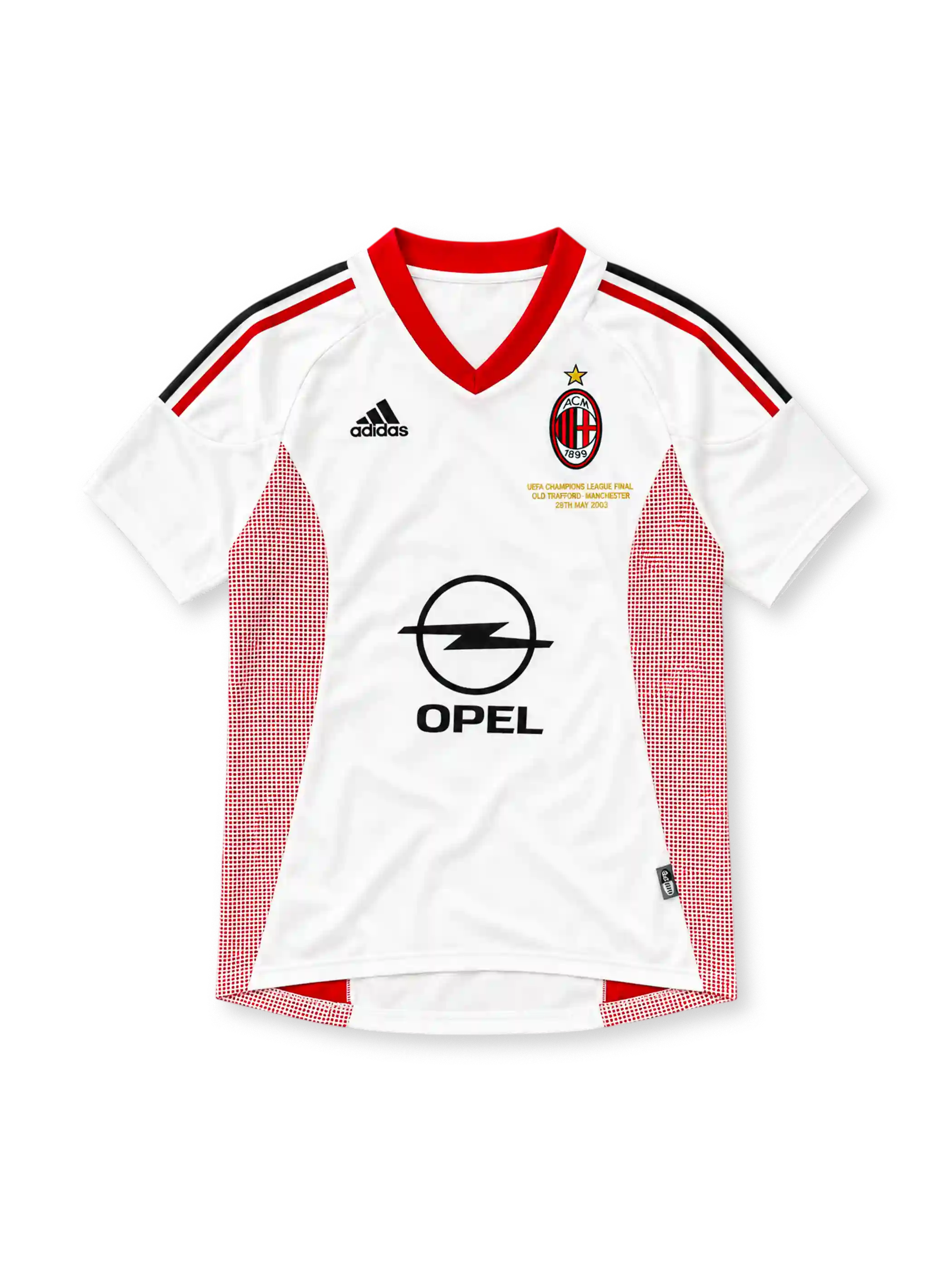 AC Milan 2002/03 white away jersey with red mesh panels, gold Champions League Final embroidery and Opel sponsor