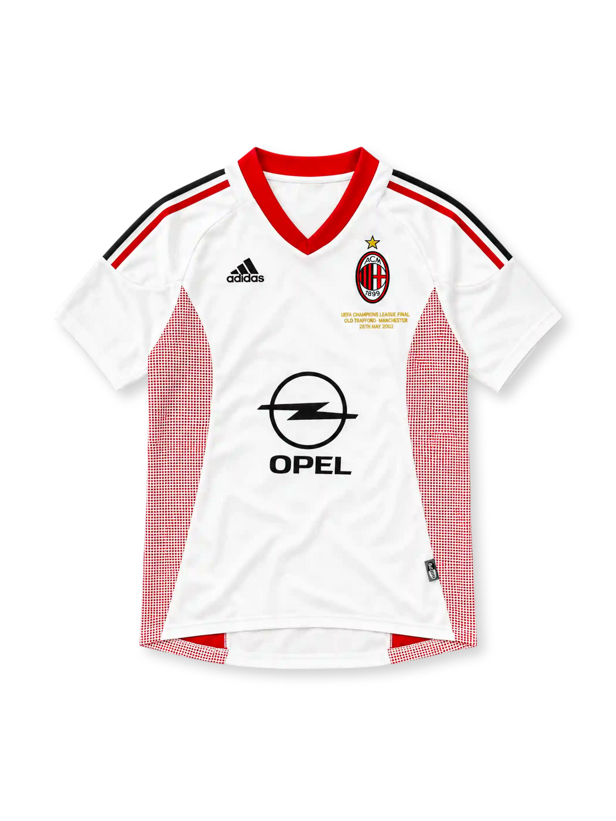 AC Milan 2002/03 white away jersey with red mesh panels, gold Champions League Final embroidery and Opel sponsor