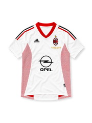 AC Milan 2002/03 white away jersey with red mesh panels, gold Champions League Final embroidery and Opel sponsor