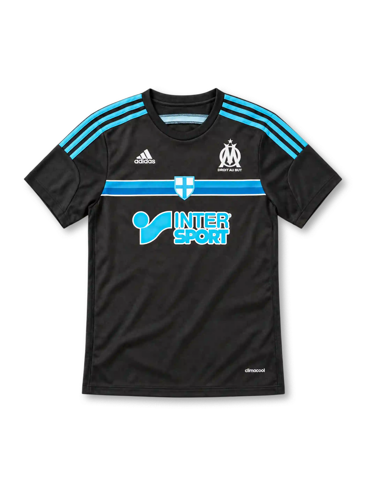 Marseille 2014/15 away jersey in black with blue chest stripes, adidas branding, white club crest and Intersport sponsor.