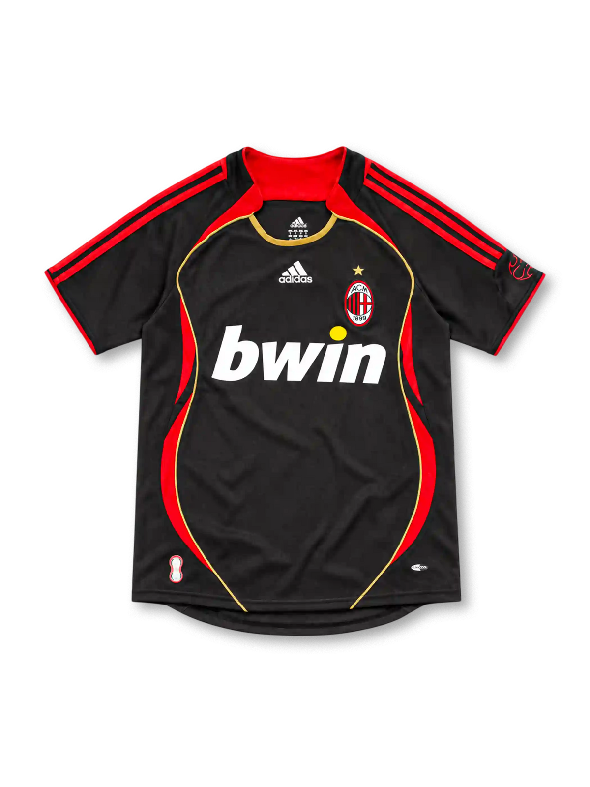 AC Milan 2006/07 third jersey in black with red adidas stripes, gold piping, club crest and white bwin sponsor.