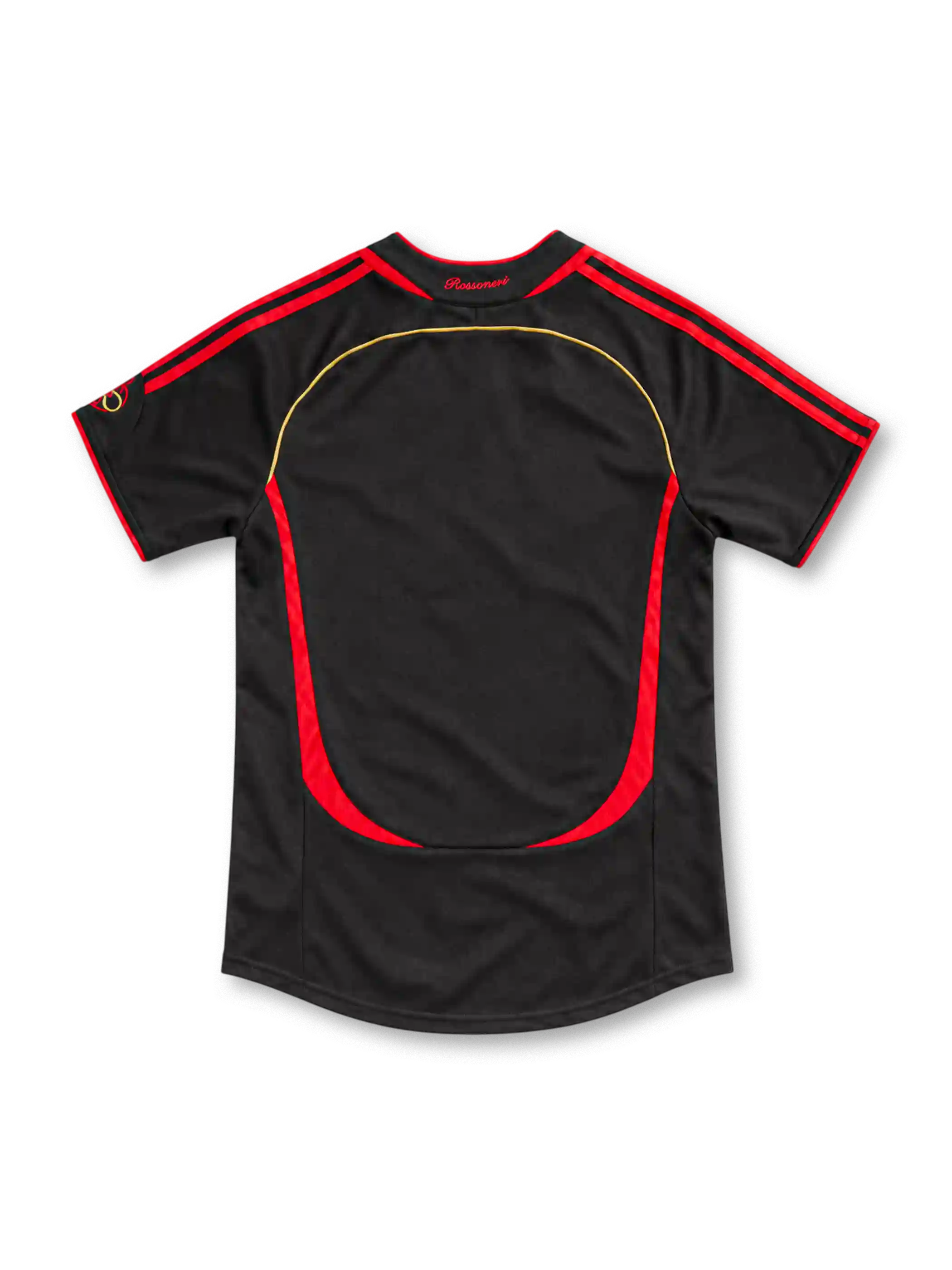 AC Milan 2006/07 third jersey in black with red adidas stripes, gold piping, club crest and white bwin sponsor.