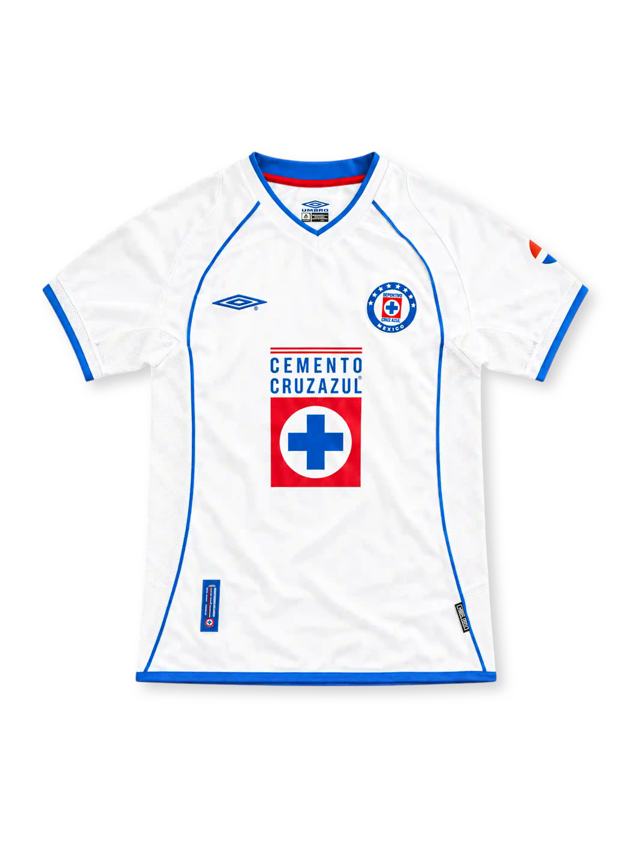 Cruz Azul 2002/03 white away jersey with blue Umbro detailing, V-neck collar, club crest and Cemento Cruz Azul sponsor.