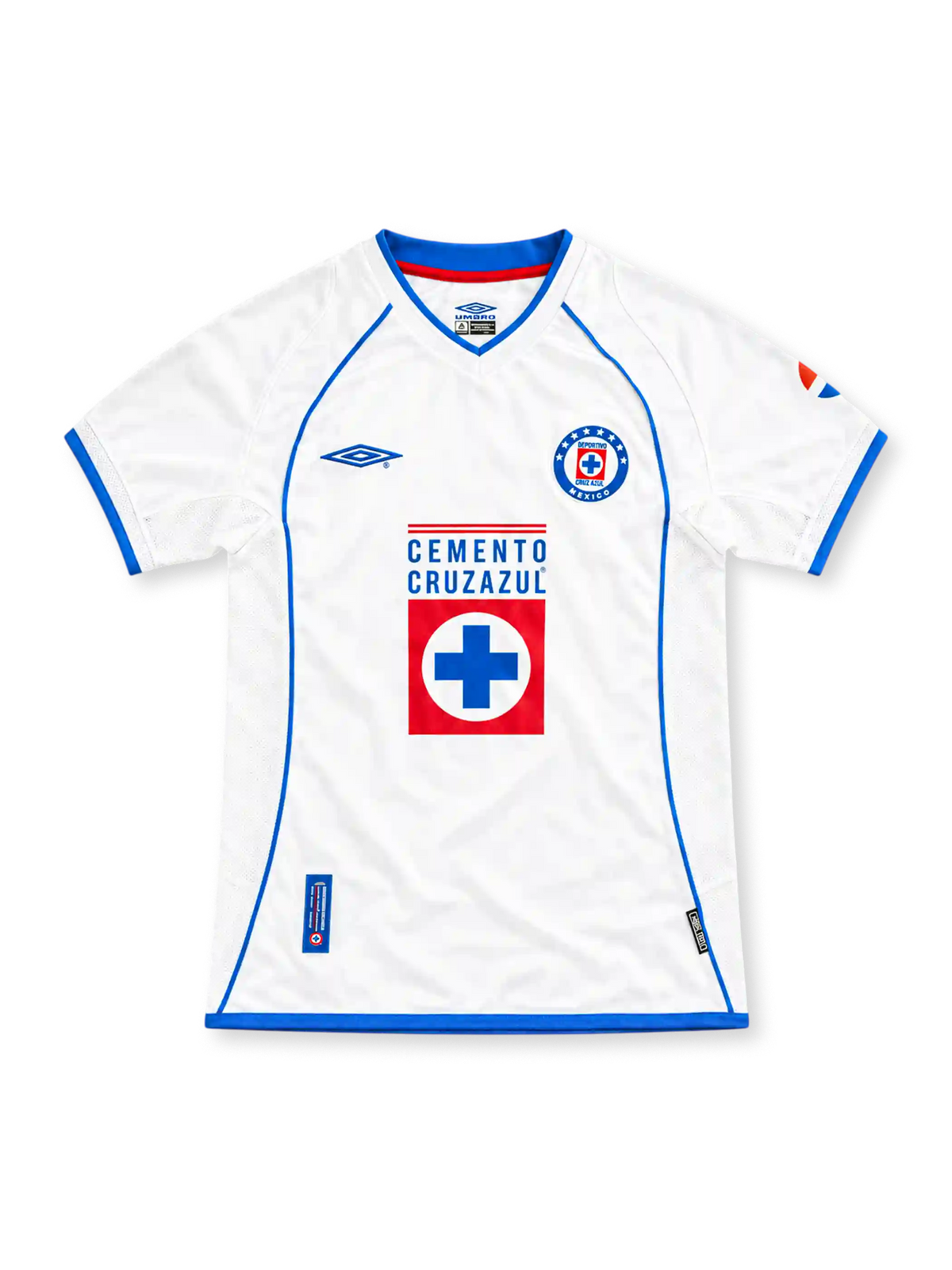Cruz Azul 2002/03 white away jersey with blue Umbro detailing, V-neck collar, club crest and Cemento Cruz Azul sponsor.