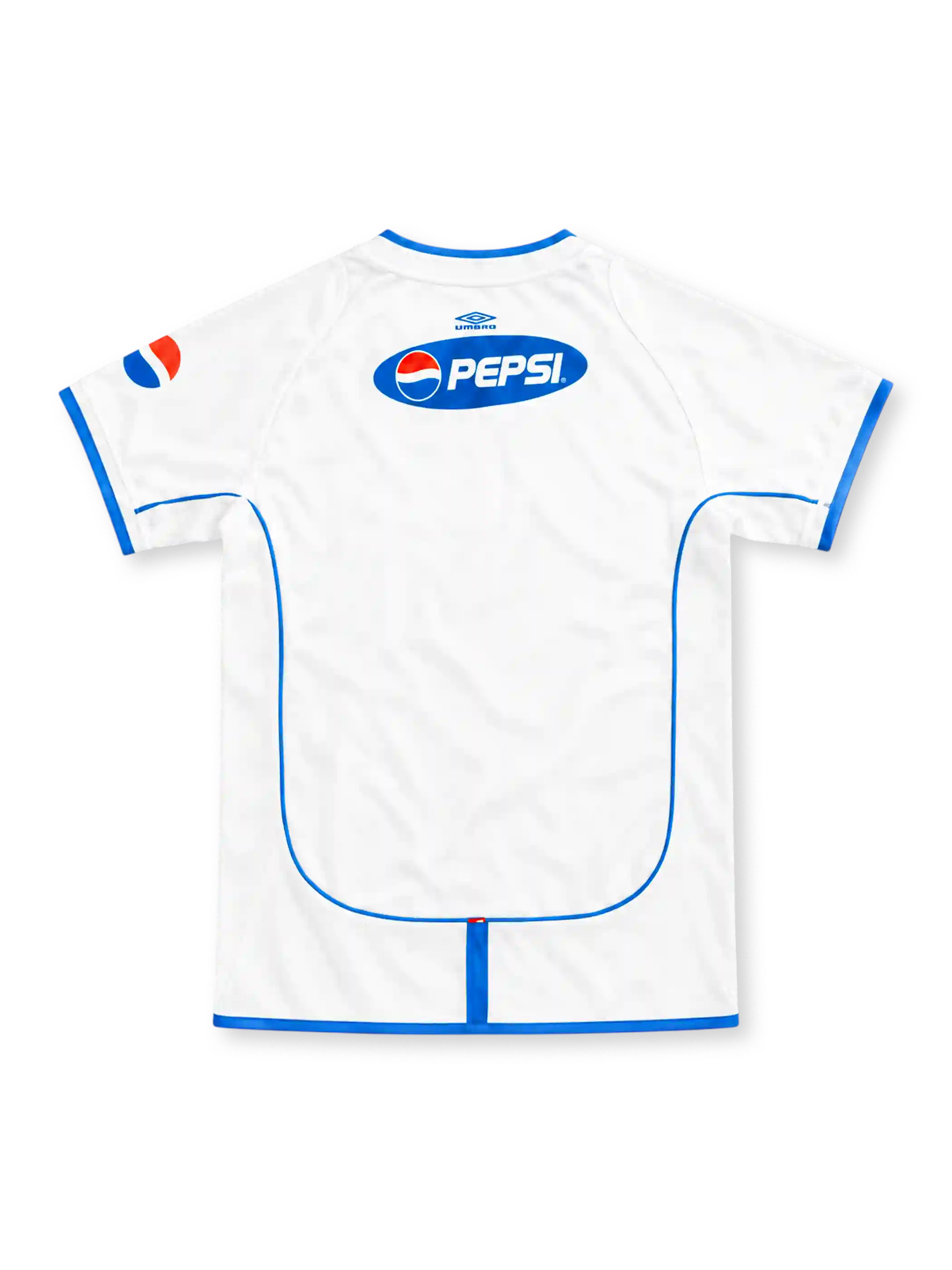 Cruz Azul 2002/03 white away jersey with blue Umbro detailing, V-neck collar, club crest and Cemento Cruz Azul sponsor.