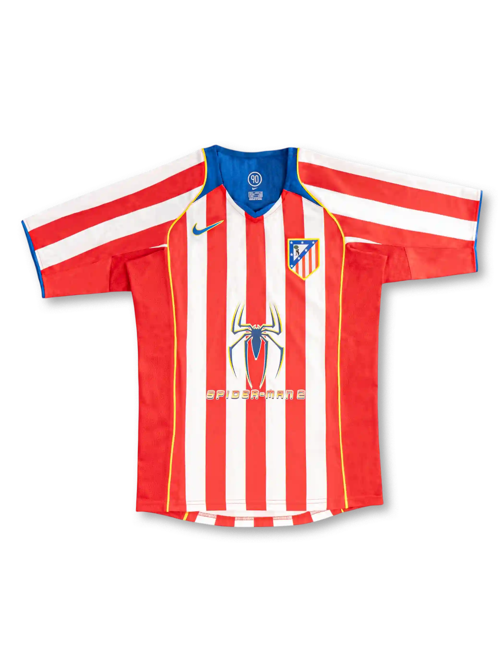 Back view of Atletico Madrid 2004/05 home jersey with red and white stripes, blue upper-back panel and yellow piping.