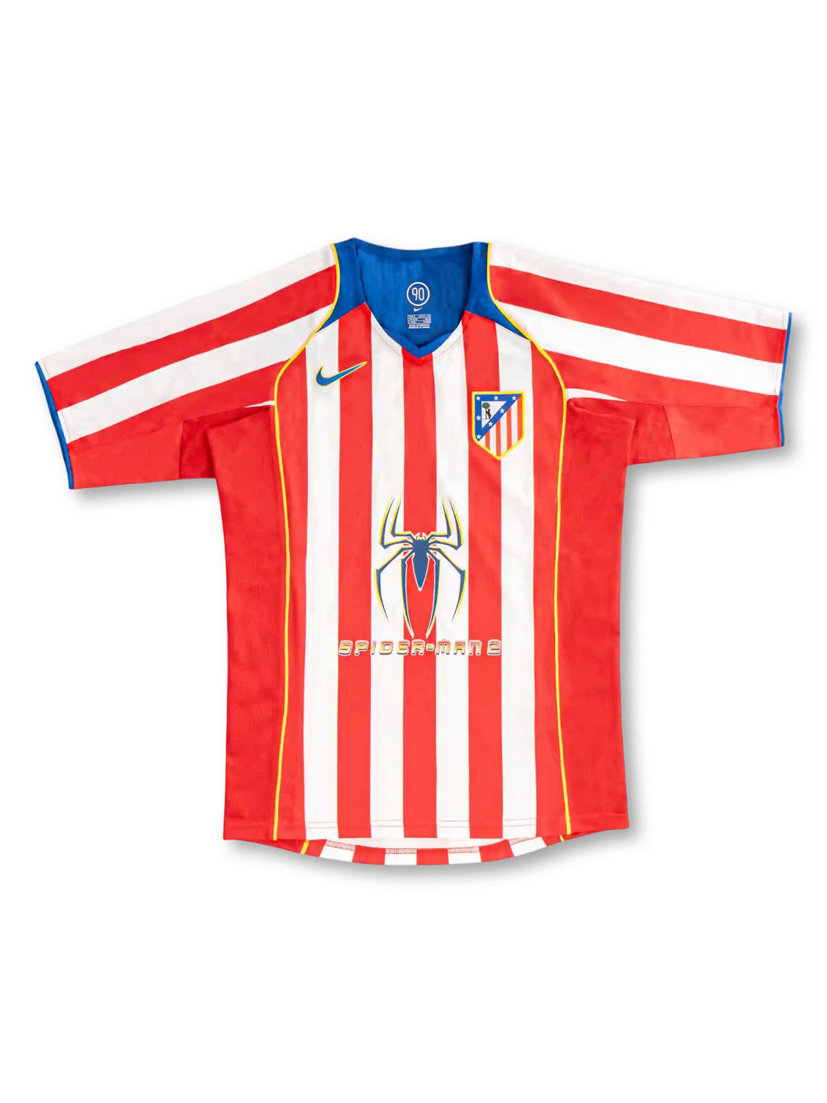 Back view of Atletico Madrid 2004/05 home jersey with red and white stripes, blue upper-back panel and yellow piping.