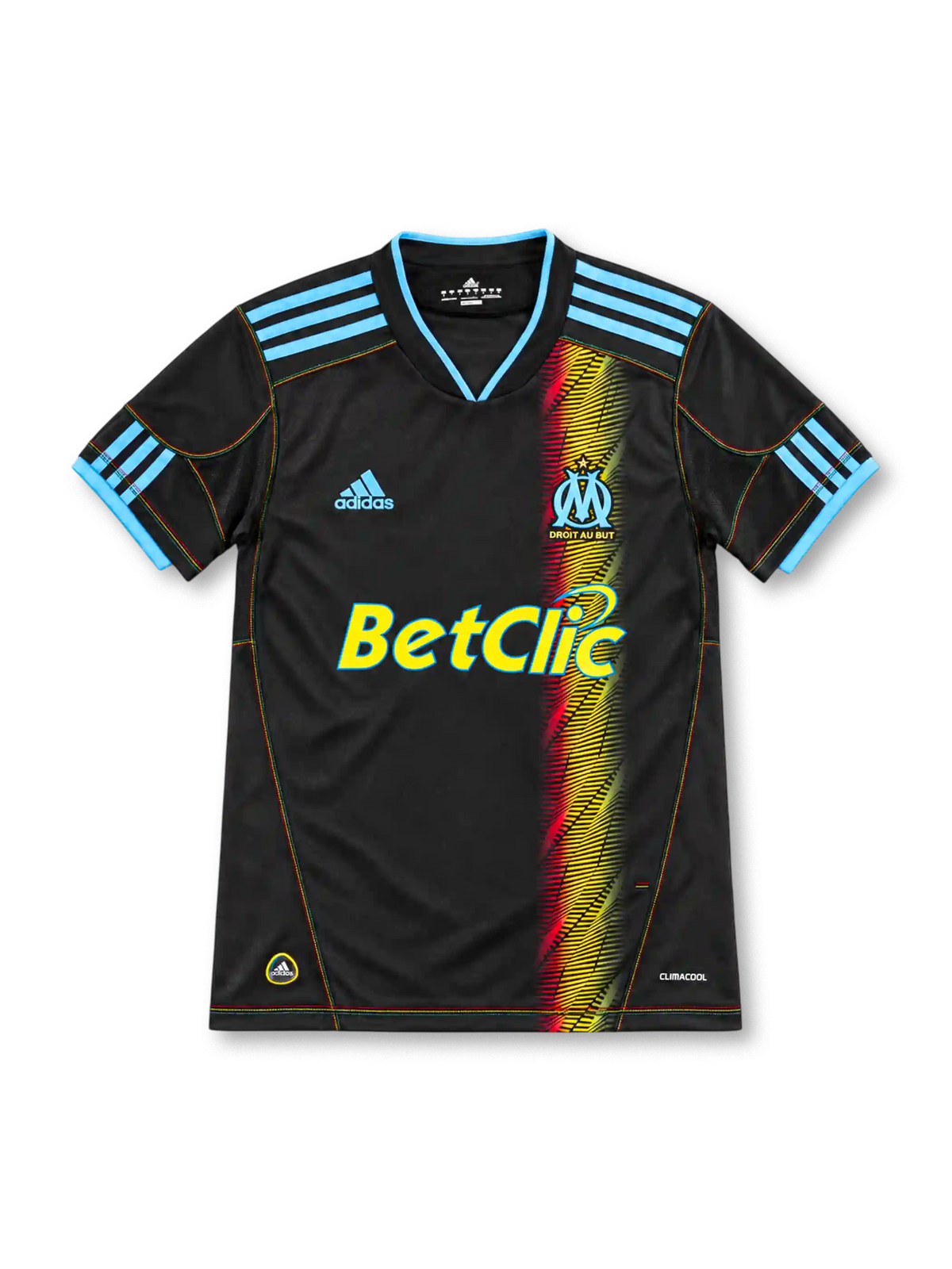 Marseille 2010/11 black away jersey with blue adidas stripes, multicolored vertical graphic, OM crest and yellow Betclic sponsor.