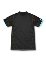 Marseille 2010/11 black away jersey with blue adidas stripes, multicolored vertical graphic, OM crest and yellow Betclic sponsor.