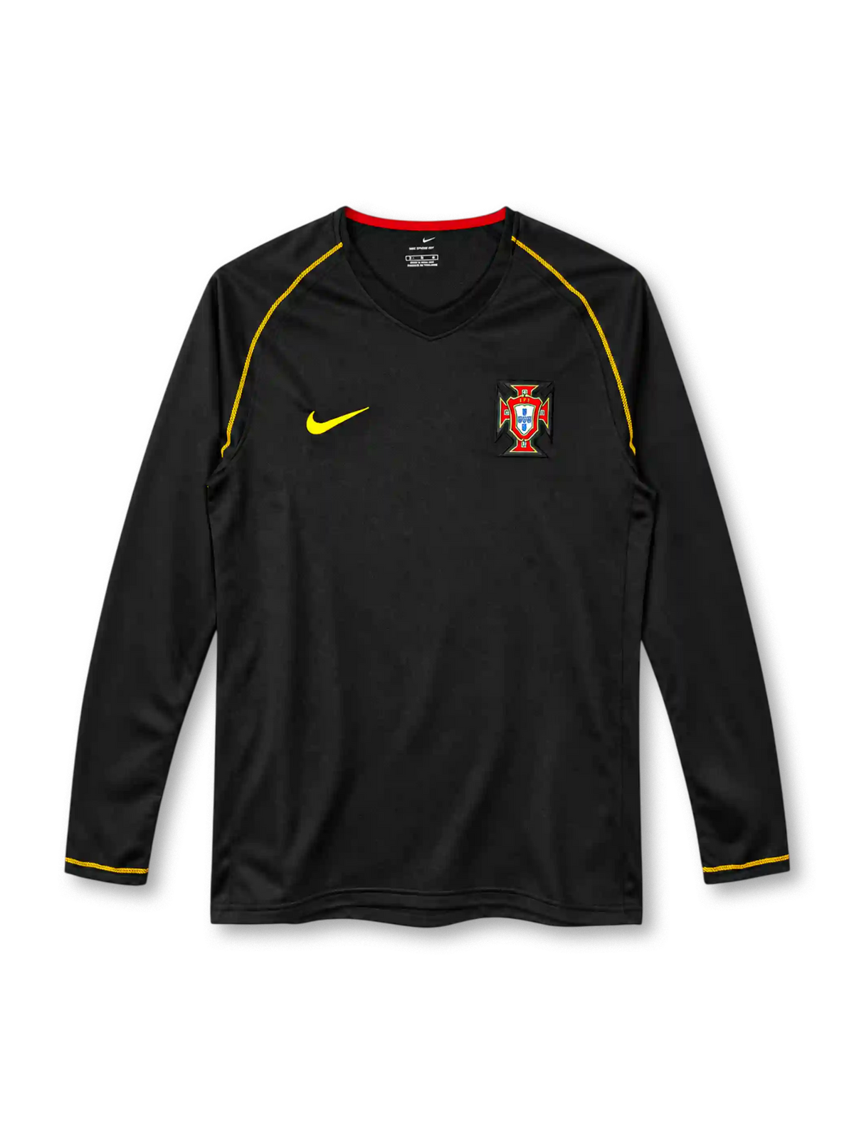 Portugal 2006 away long sleeve jersey in black with gold Nike logo, yellow shoulder piping, red collar detail and national team crest.