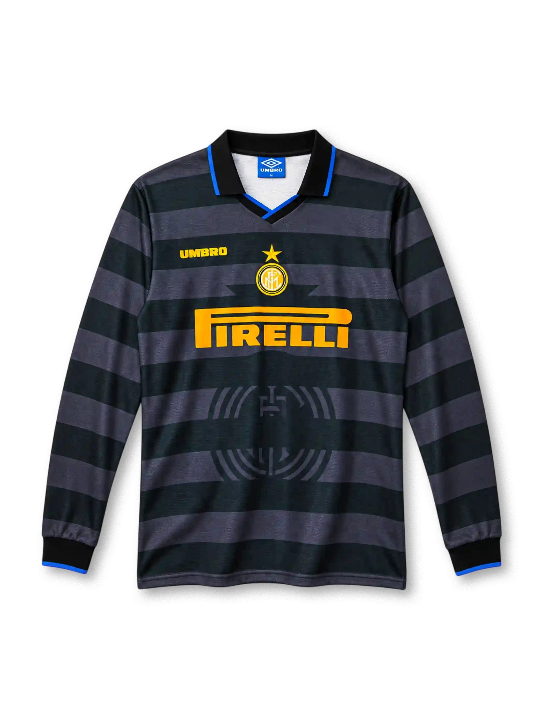 Inter Milan 1997/98 third long sleeve jersey with black and gray horizontal stripes, blue collar trim, yellow Pirelli sponsor and Umbro branding.