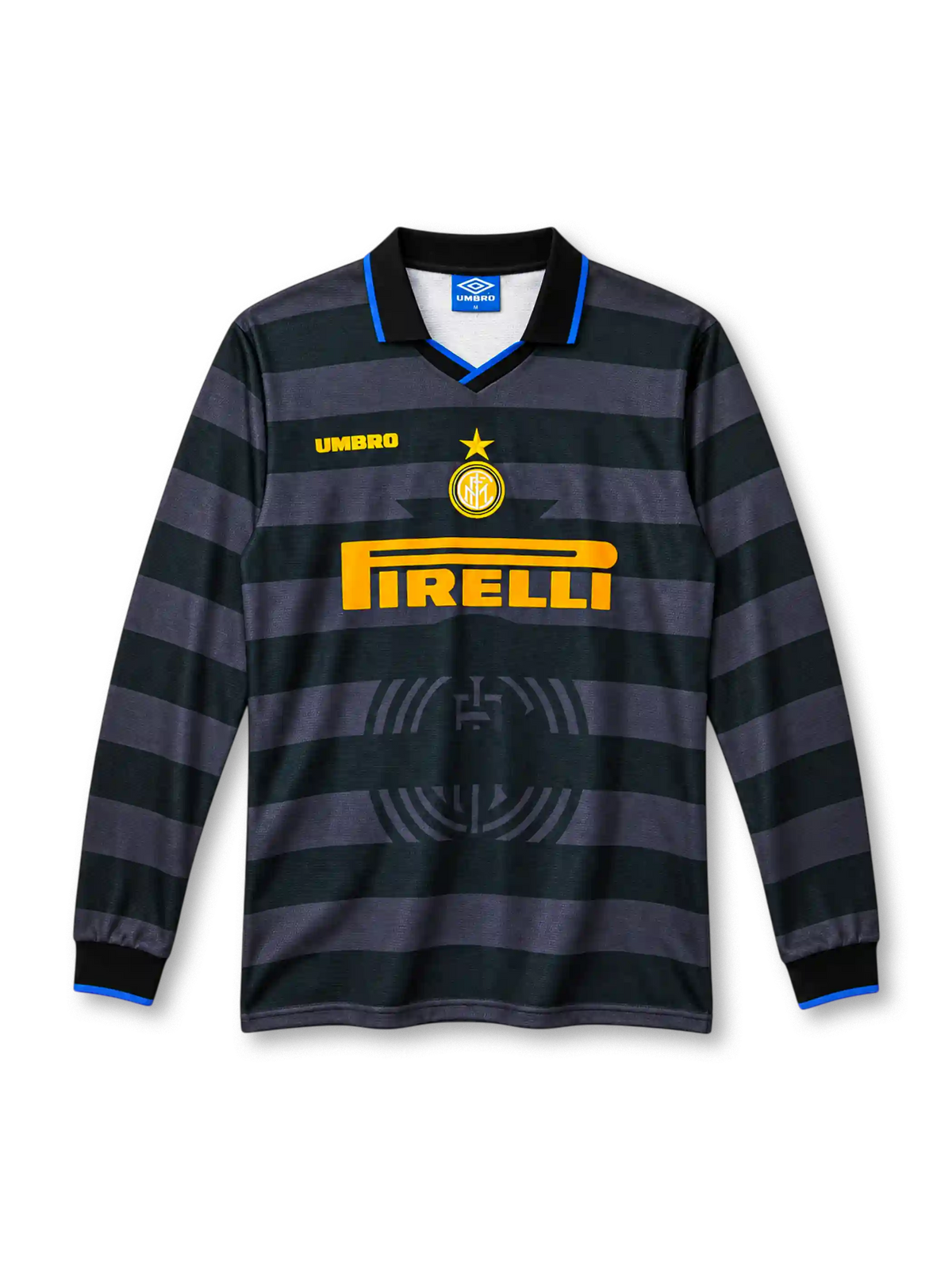 Inter Milan 1997/98 third long sleeve jersey with black and gray horizontal stripes, blue collar trim, yellow Pirelli sponsor and Umbro branding.