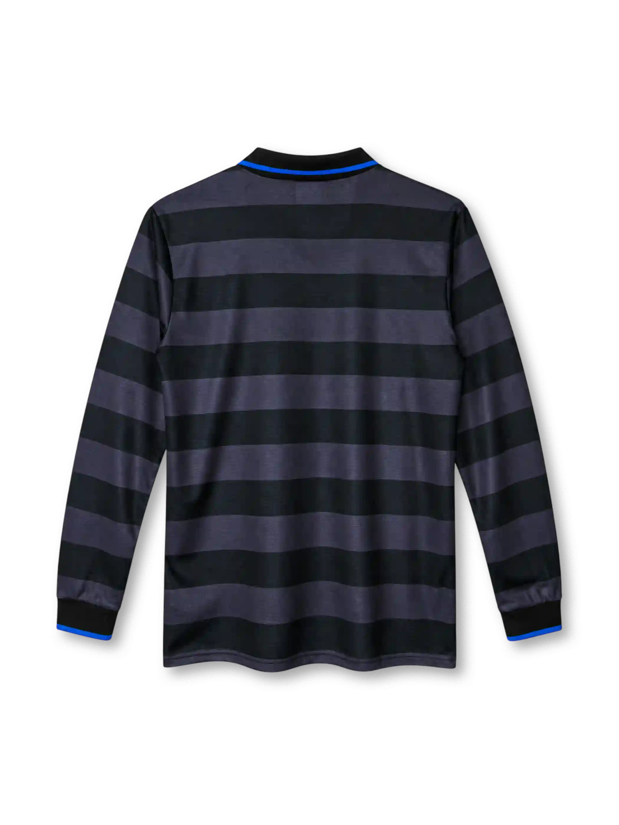 Inter Milan 1997/98 third long sleeve jersey with black and gray horizontal stripes, blue collar trim, yellow Pirelli sponsor and Umbro branding.
