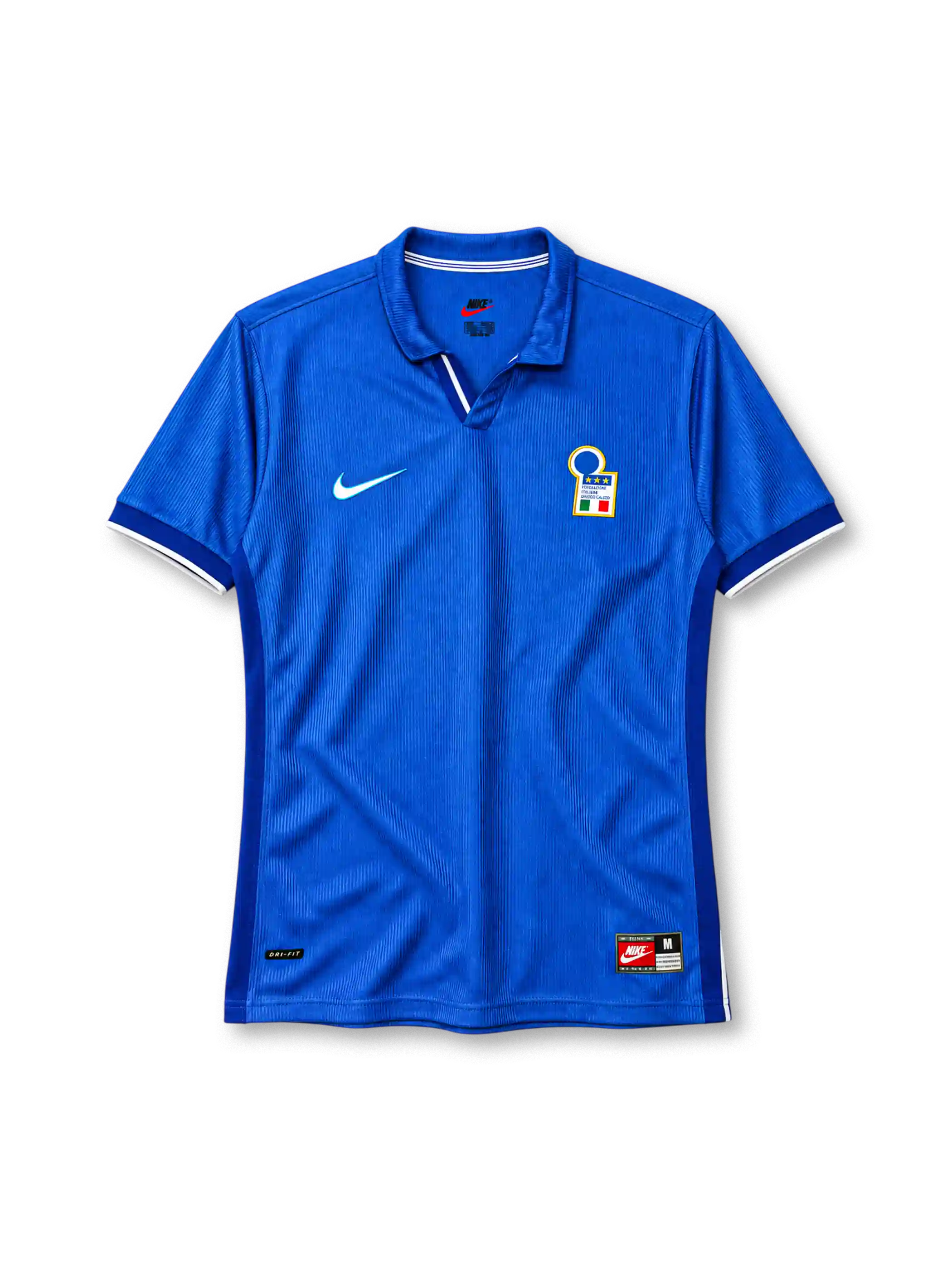 Italy 1998 home jersey in royal blue with Nike Swoosh, classic polo collar, white sleeve trim and three-star national team crest.