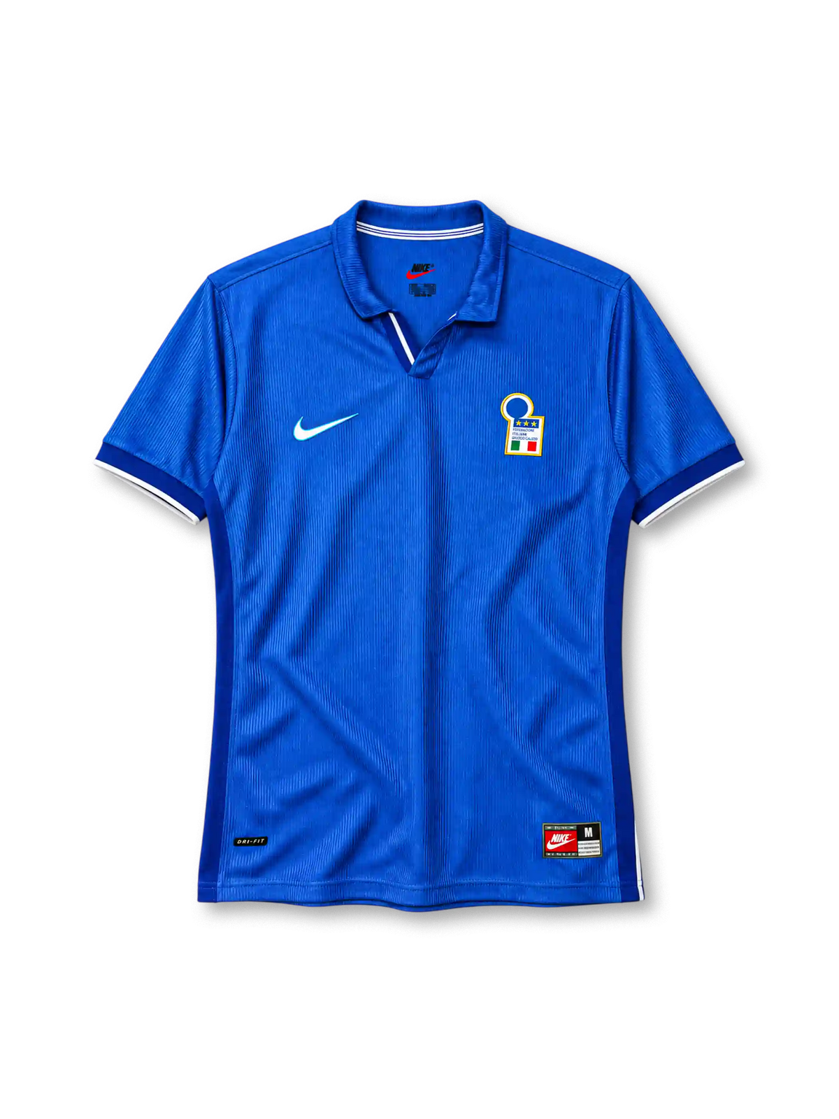 Italy 1998 home jersey in royal blue with Nike Swoosh, classic polo collar, white sleeve trim and three-star national team crest.