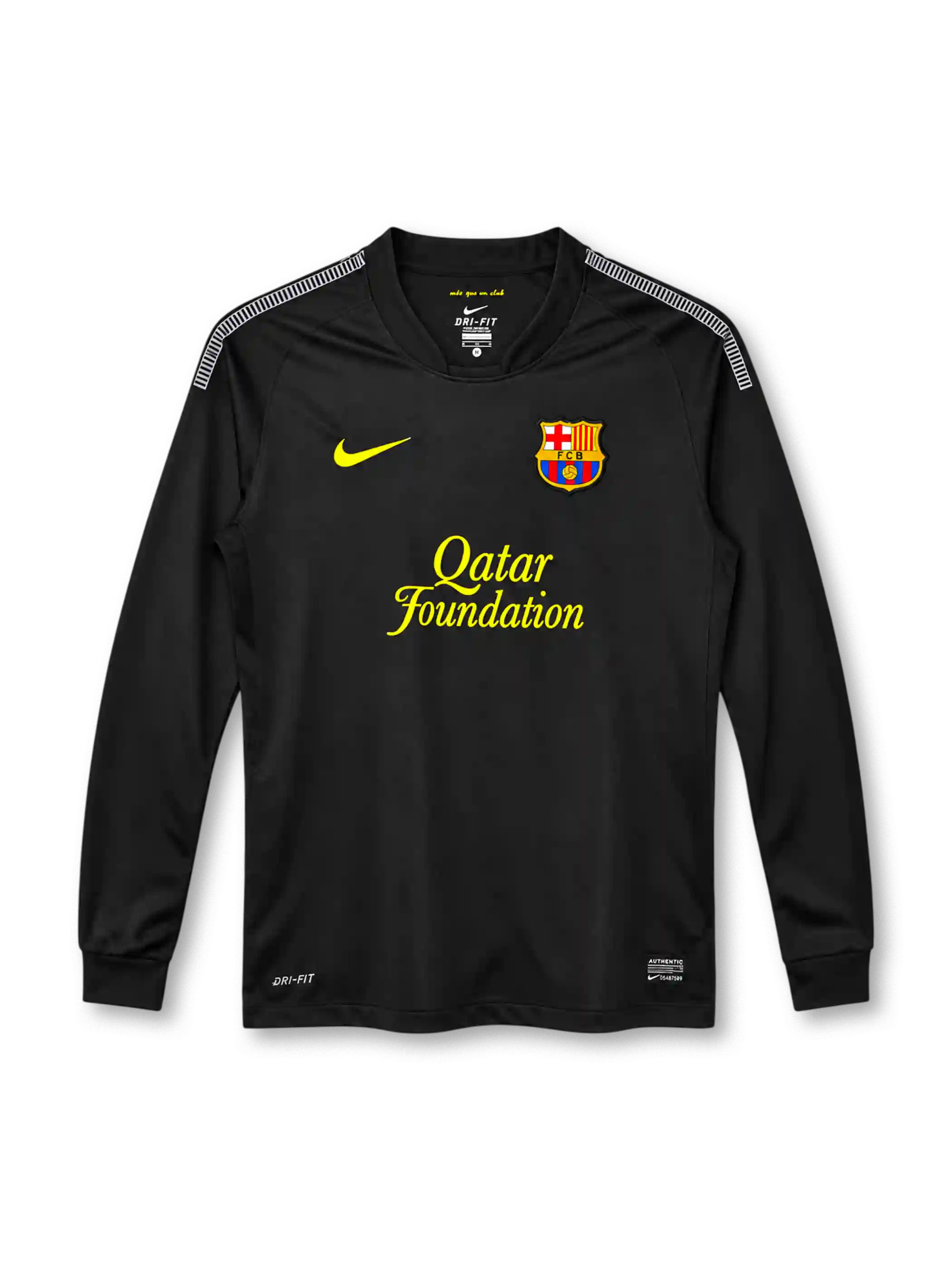 Barcelona 2011/12 black away long sleeve jersey with yellow Nike Swoosh, Qatar Foundation sponsor, club crest and white shoulder detailing.