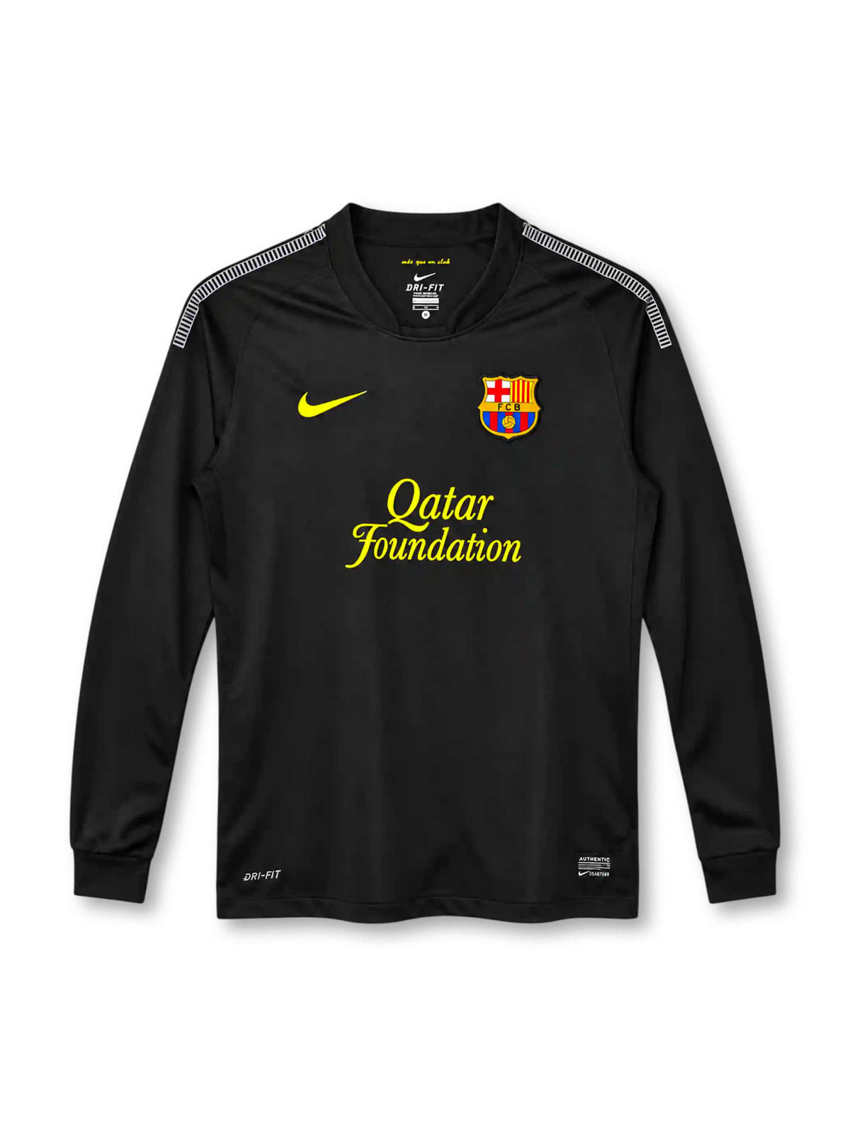 Barcelona 2011/12 black away long sleeve jersey with yellow Nike Swoosh, Qatar Foundation sponsor, club crest and white shoulder detailing.