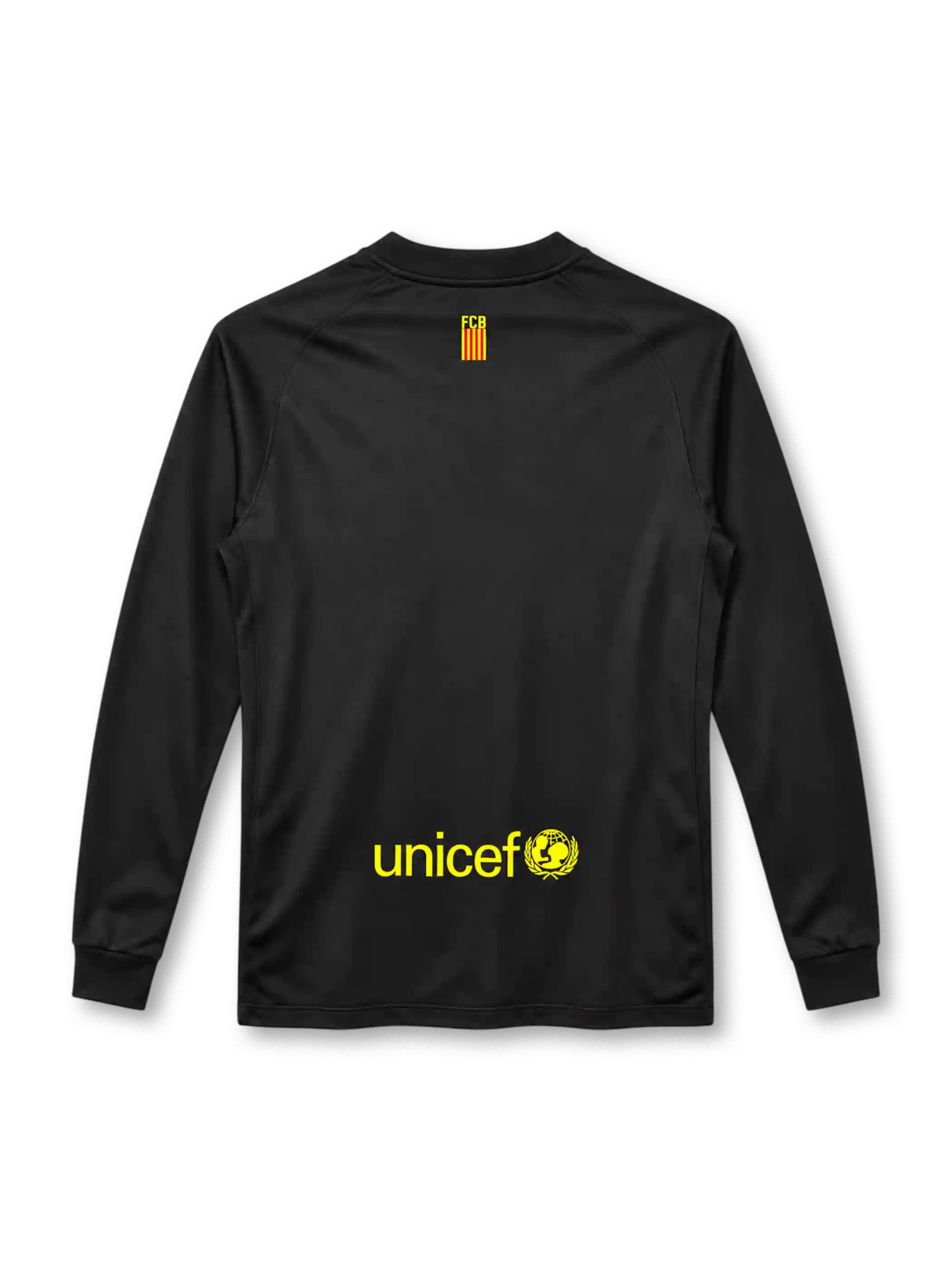 Barcelona 2011/12 black away long sleeve jersey with yellow Nike Swoosh, Qatar Foundation sponsor, club crest and white shoulder detailing.
