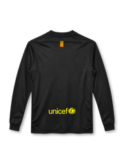 Barcelona 2011/12 black away long sleeve jersey with yellow Nike Swoosh, Qatar Foundation sponsor, club crest and white shoulder detailing.