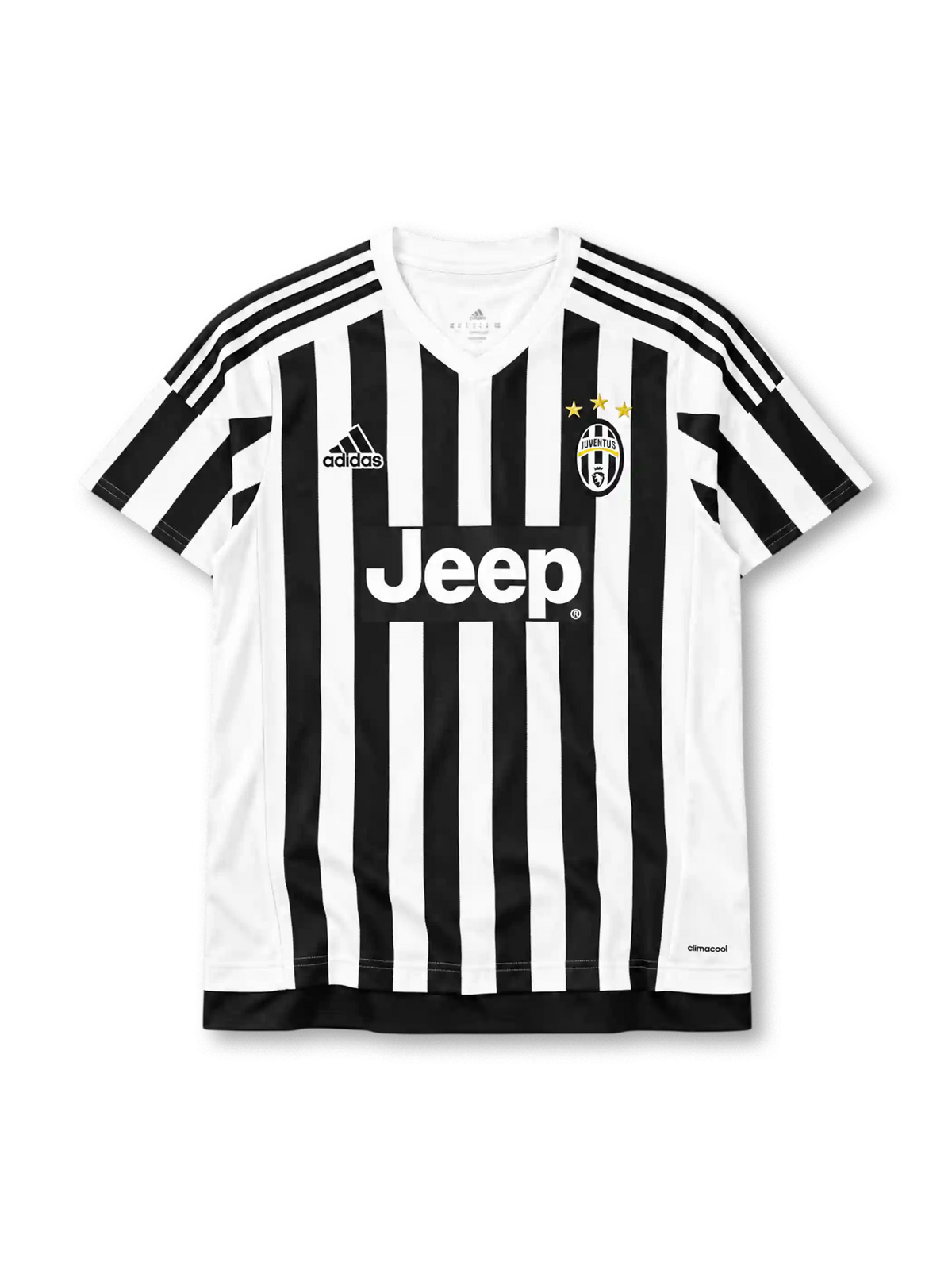 Juventus 2015/16 home retro jersey with black and white stripes and Jeep sponsor