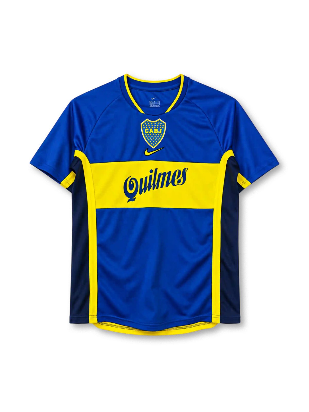 Boca Juniors 2001/02 home jersey in royal blue with yellow chest band and Quilmes sponsor