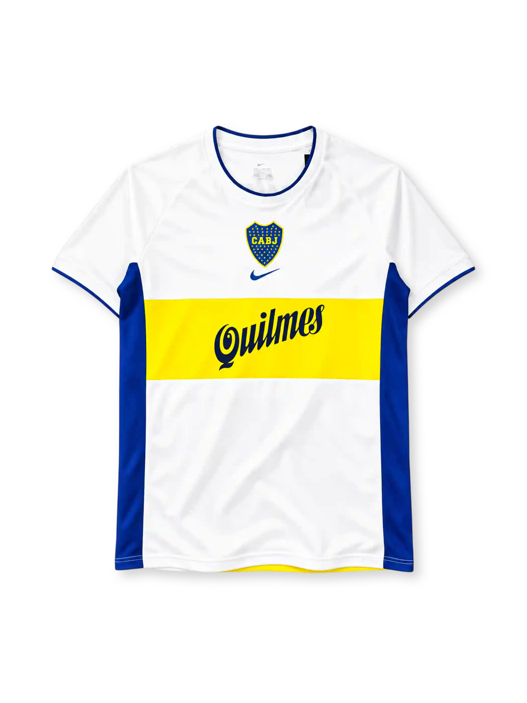 Boca Juniors 2001/02 away jersey in white with yellow chest band, blue side panels and Quilmes sponsor