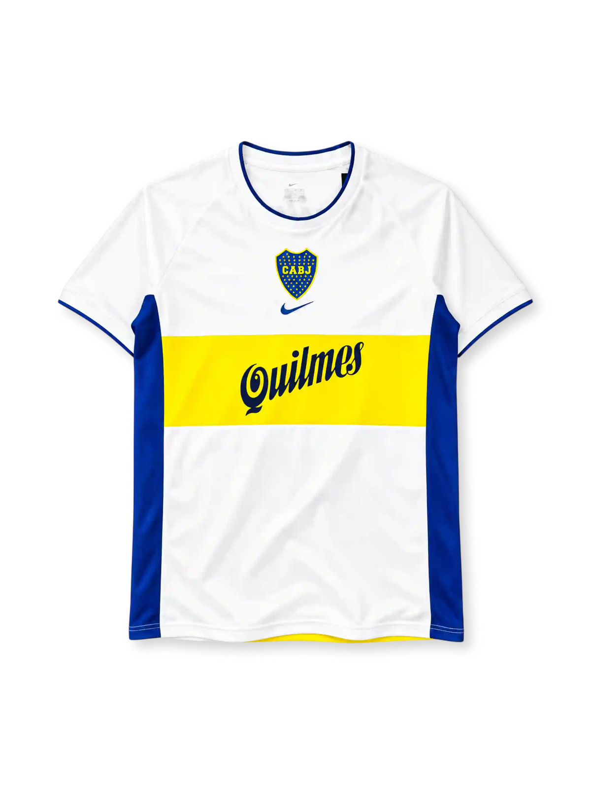 Boca Juniors 2001/02 away jersey in white with yellow chest band, blue side panels and Quilmes sponsor