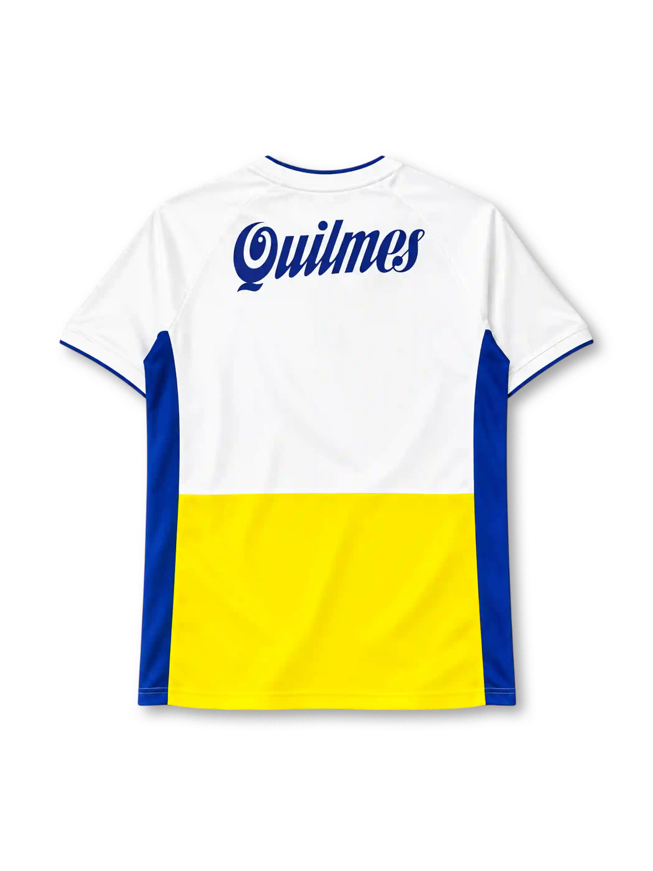 Boca Juniors 2001/02 away jersey in white with yellow chest band, blue side panels and Quilmes sponsor