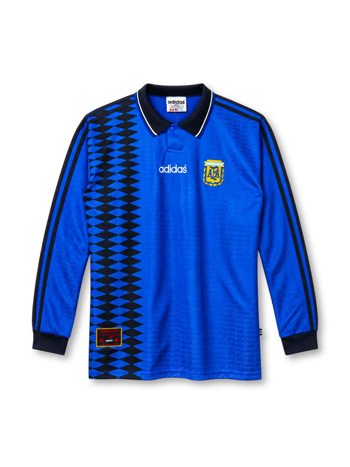 Argentina 1994 away long sleeve jersey in royal blue with black diamond panel and polo collar