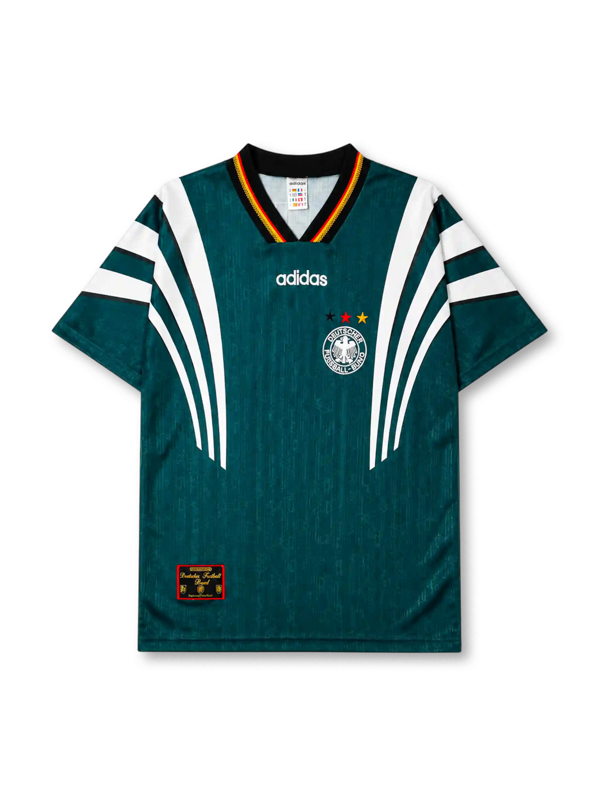 Germany 1996 away jersey in green with white sweeping stripes