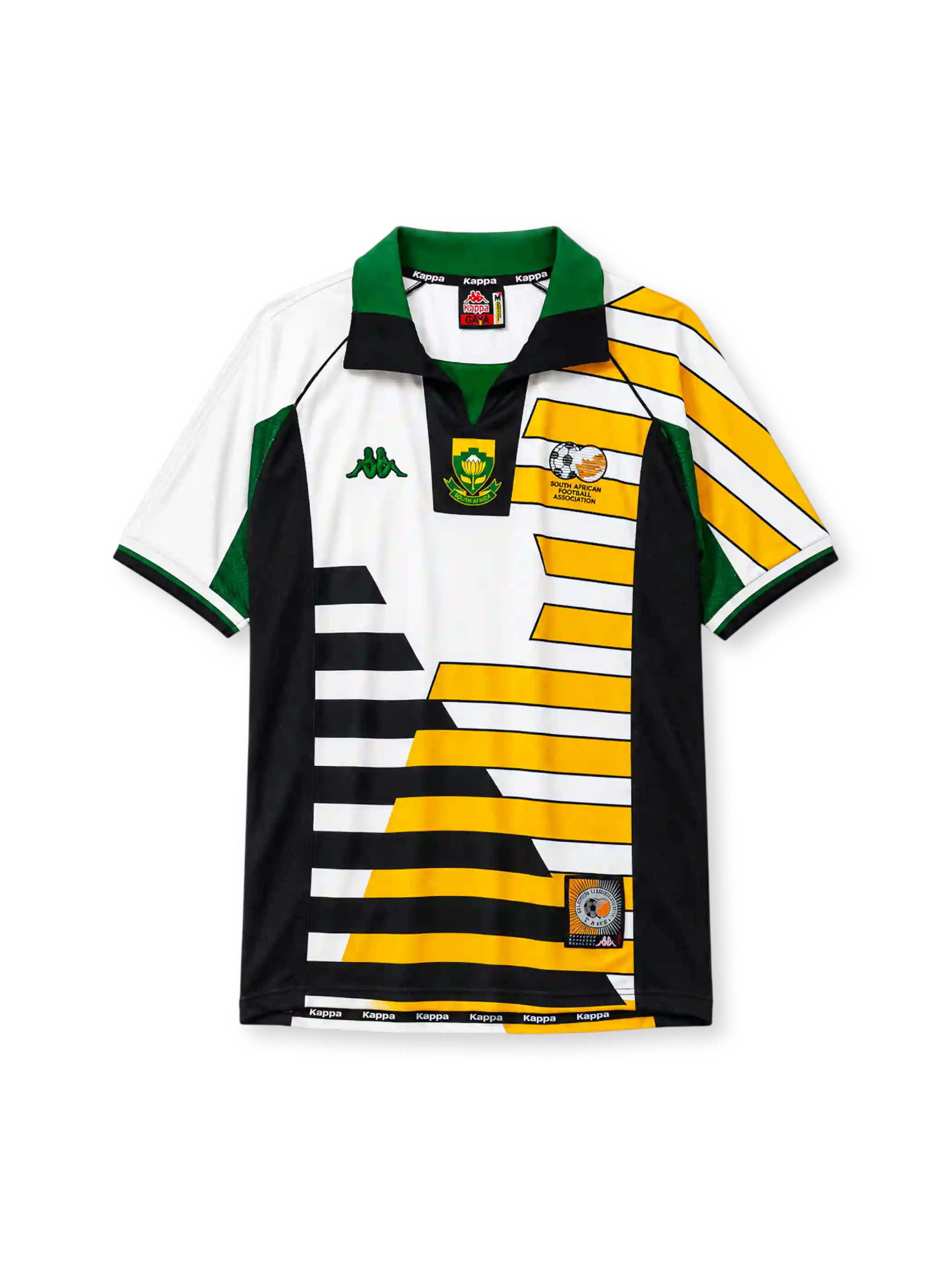 South Africa 1998 home jersey with black, gold, and white diagonal design