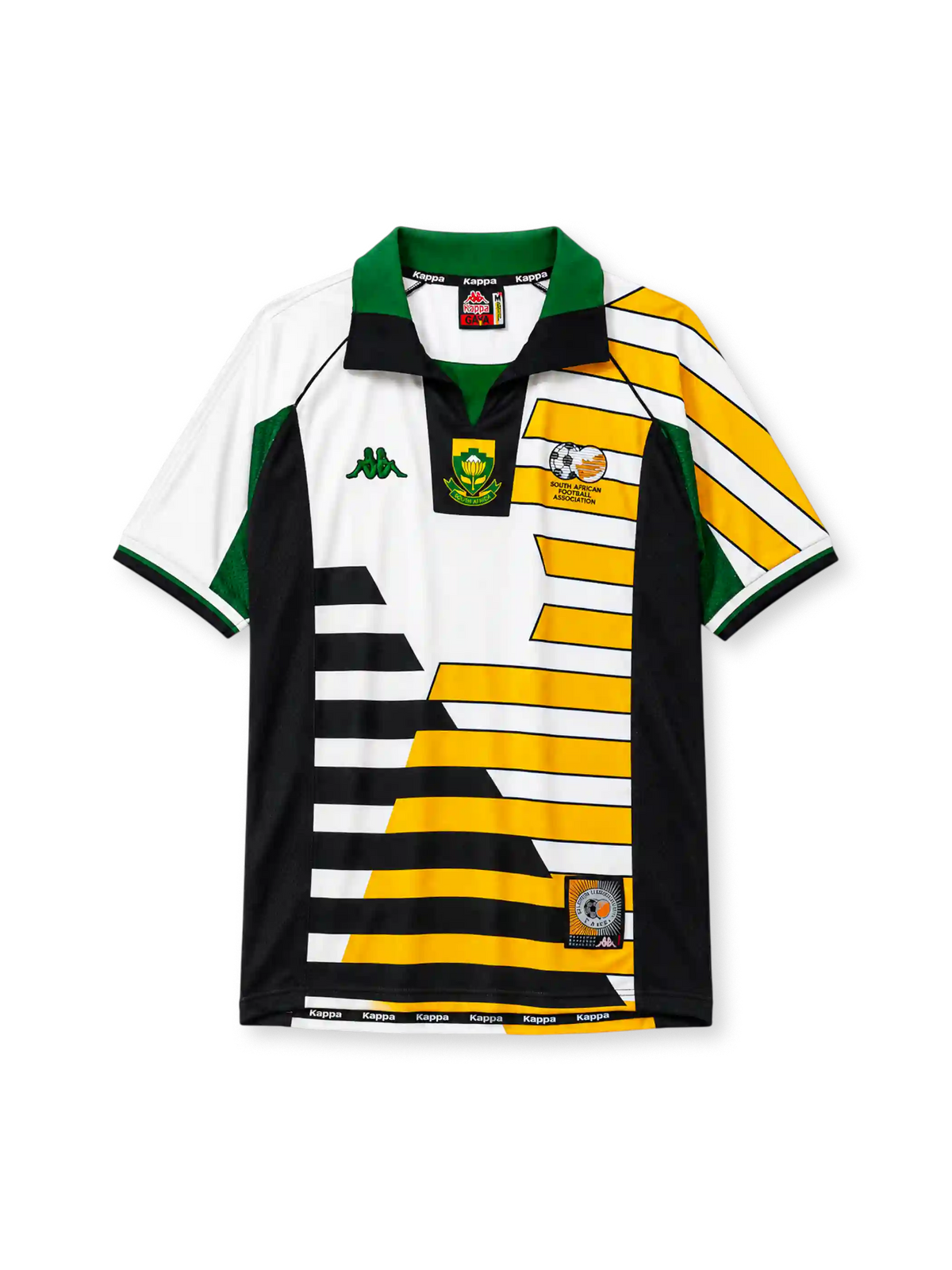 South Africa 1998 home jersey with black, gold, and white diagonal design