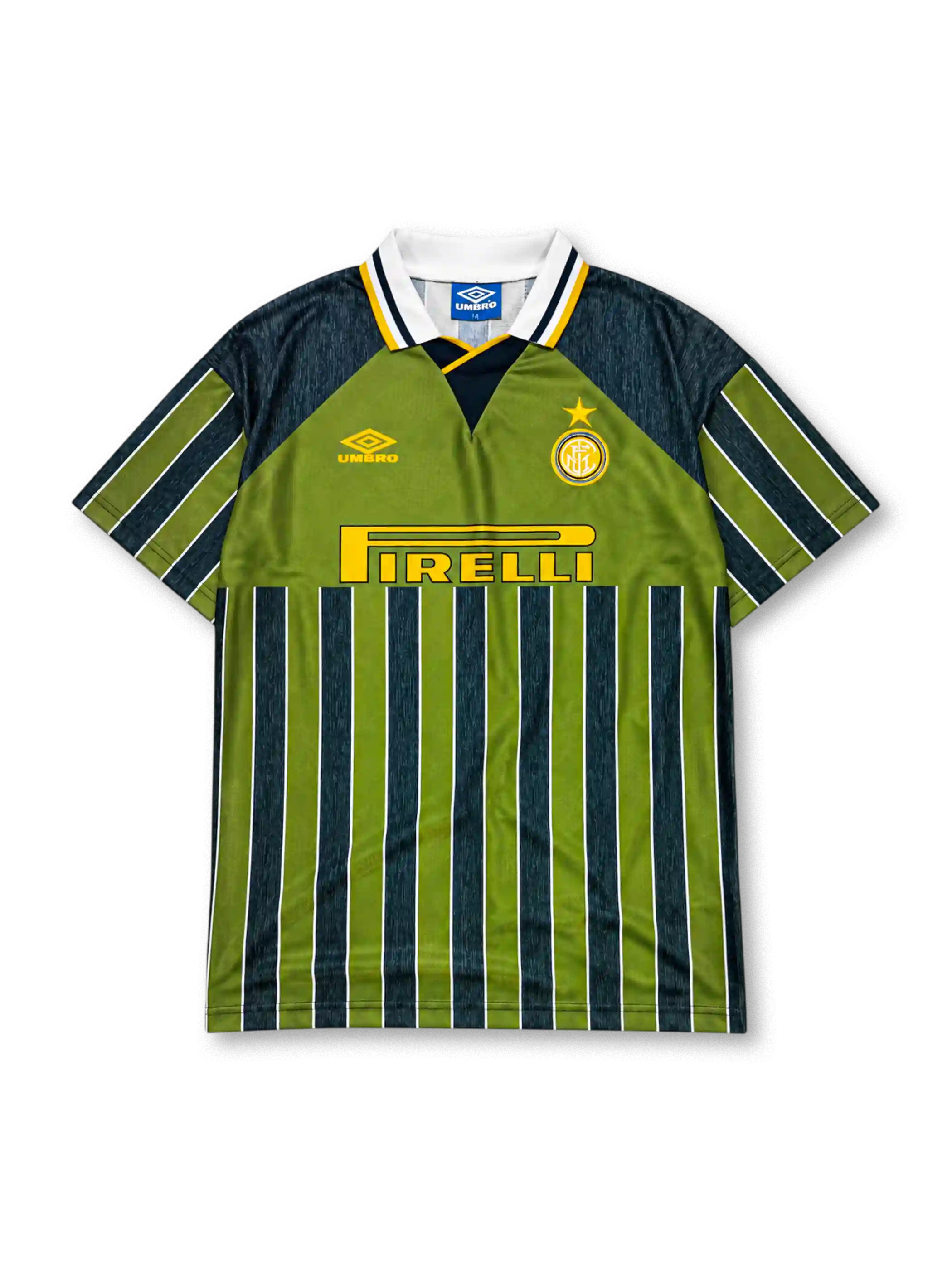Inter Milan 1995-96 away jersey in olive green with navy stripes