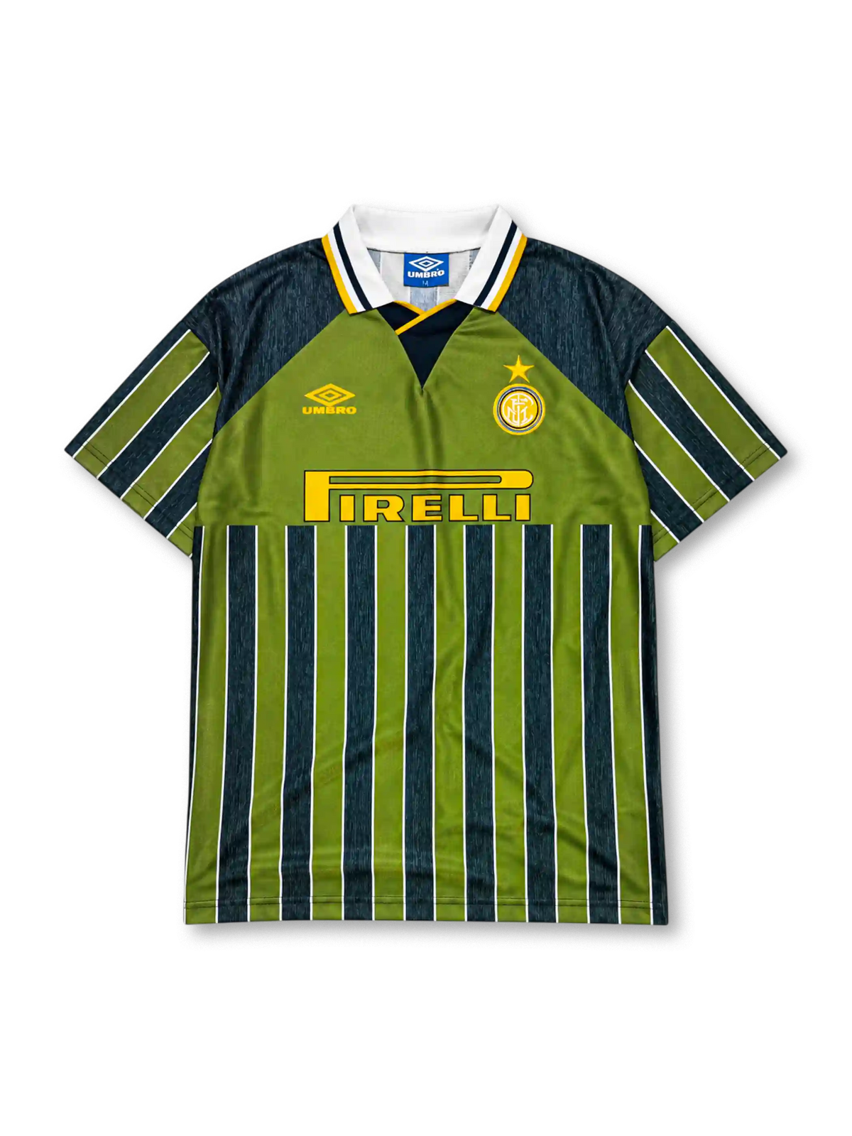 Inter Milan 1995-96 away jersey in olive green with navy stripes