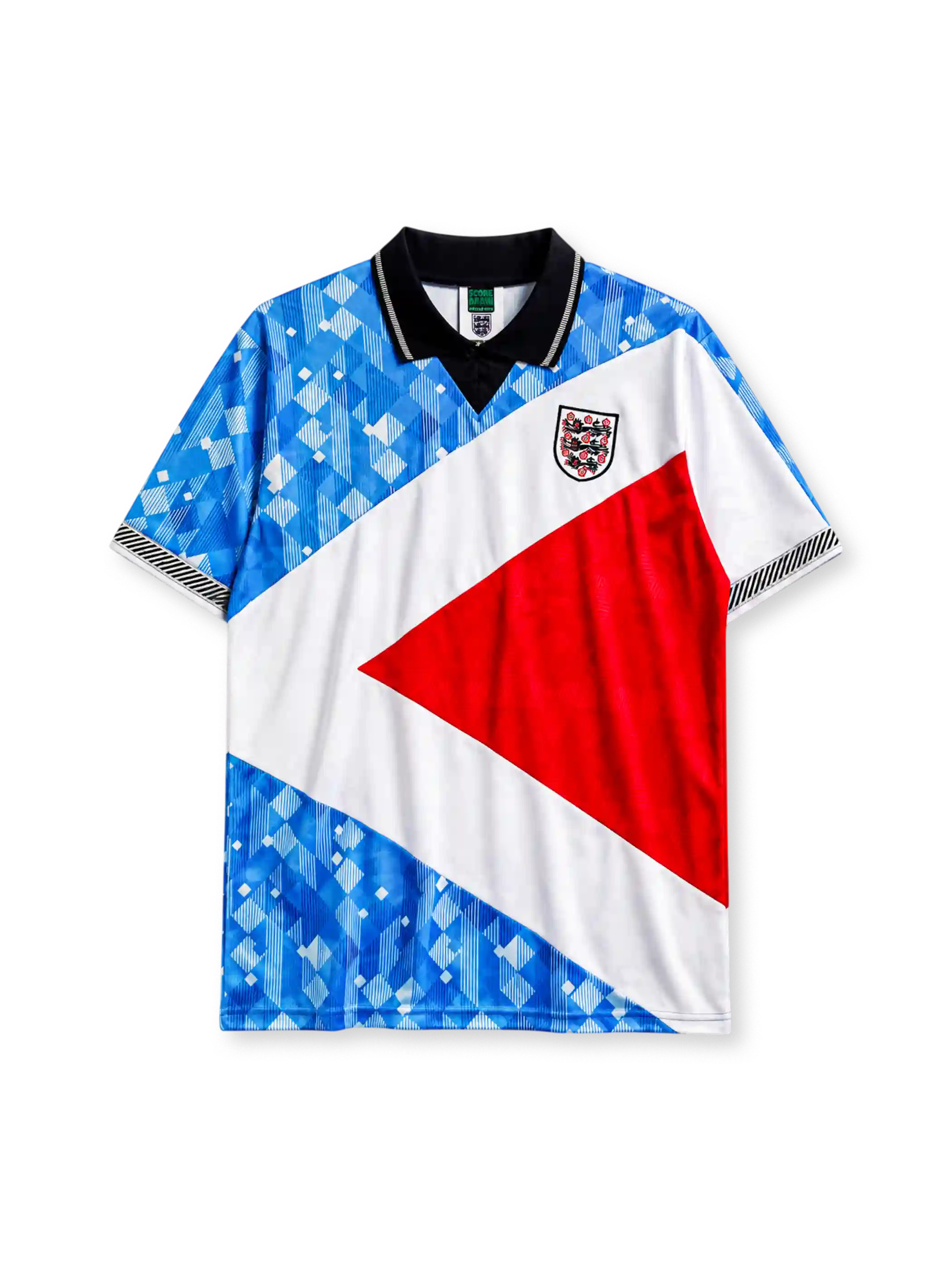England 1990 heritage jersey with diagonal blue, white, and red design
