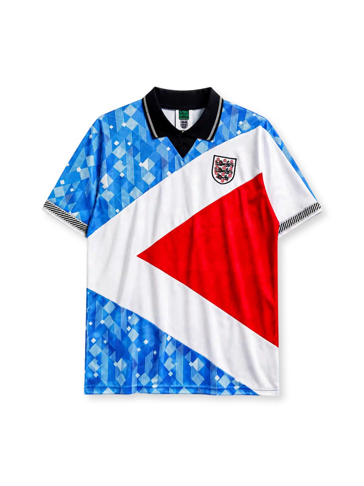 England 1990 heritage jersey with diagonal blue, white, and red design