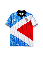 England 1990 heritage jersey with diagonal blue, white, and red design
