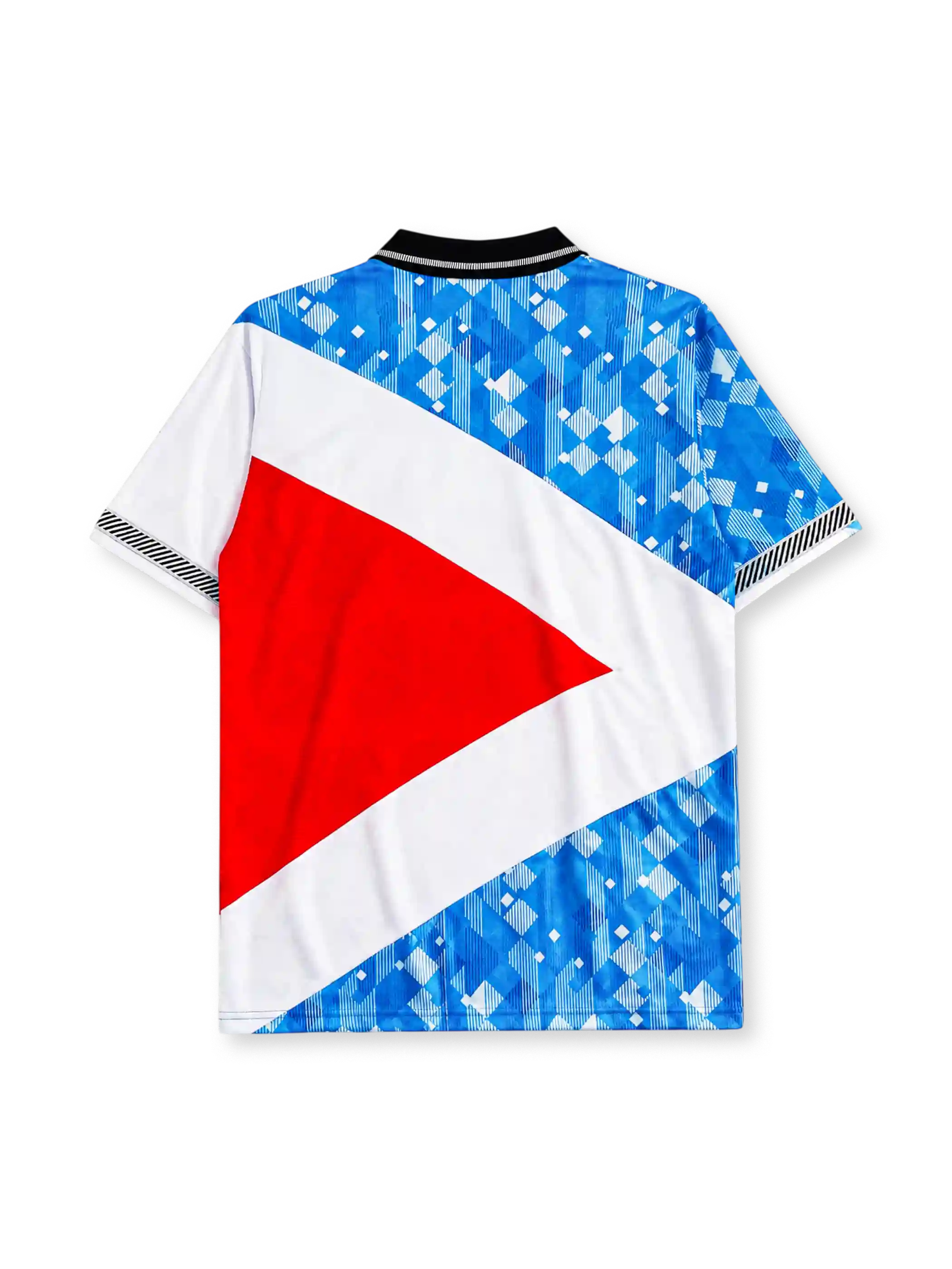 England 1990 heritage jersey with diagonal blue, white, and red design
