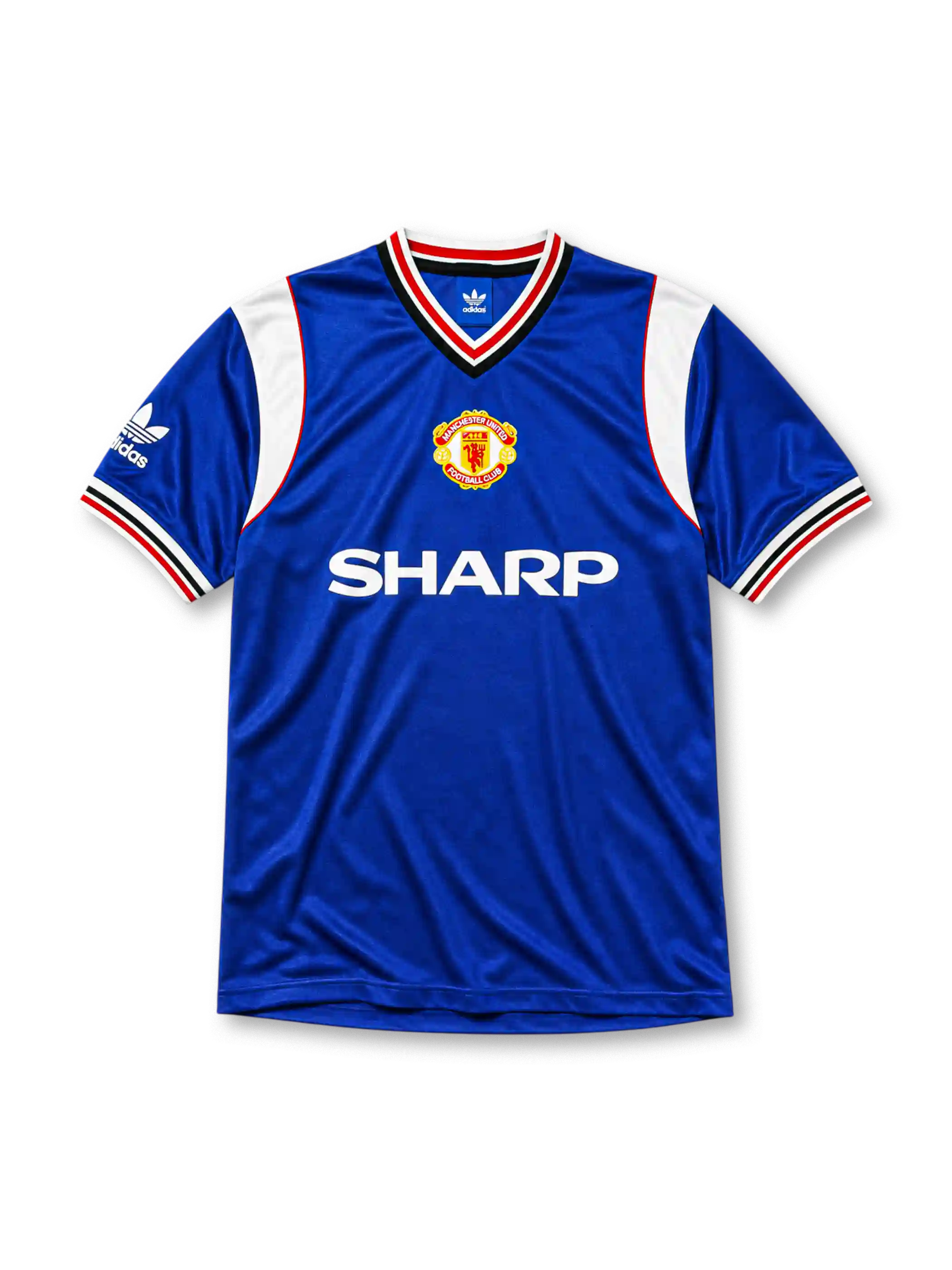 Manchester United 1985-86 third jersey, front view, royal blue body, white striped V-neck collar, white sleeve panels with black and red trim, adidas trefoil logo on sleeve, club crest, SHARP sponsor logo, striped ribbed cuffs