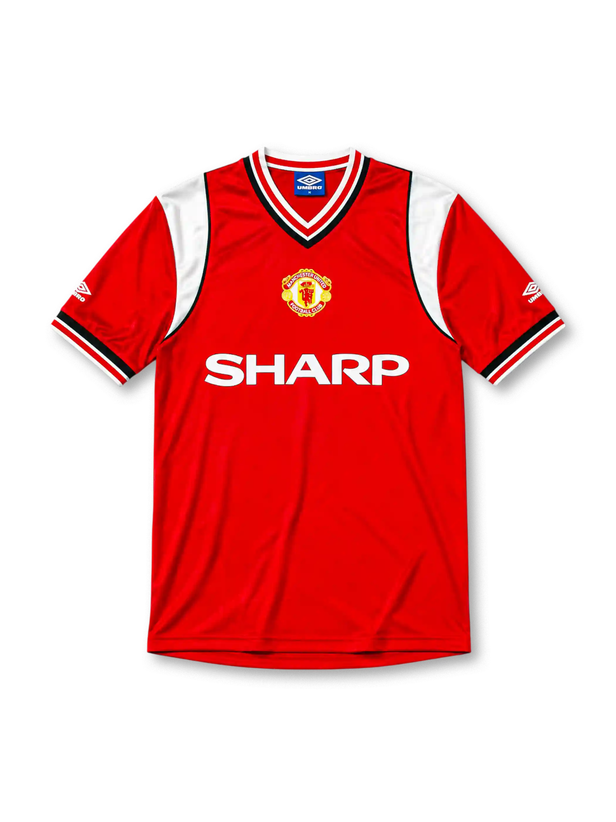 Manchester United 1984-86 home jersey, front view, red body, white sleeve panels with black and red trim, red white and black striped V-neck collar, Umbro diamond logo on sleeves, club crest, SHARP sponsor logo, striped ribbed cuffs