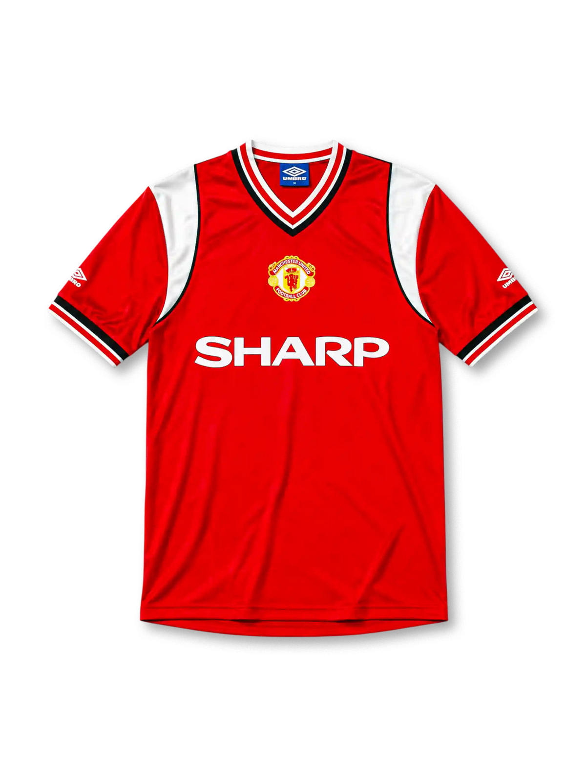 Manchester United 1984-86 home jersey, front view, red body, white sleeve panels with black and red trim, red white and black striped V-neck collar, Umbro diamond logo on sleeves, club crest, SHARP sponsor logo, striped ribbed cuffs