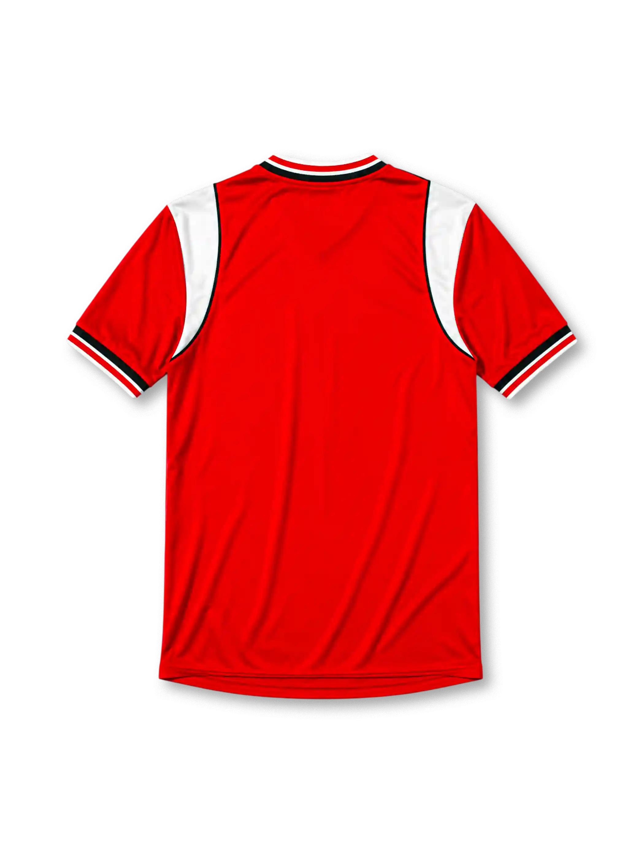 Manchester United 1984-86 home jersey, front view, red body, white sleeve panels with black and red trim, red white and black striped V-neck collar, Umbro diamond logo on sleeves, club crest, SHARP sponsor logo, striped ribbed cuffs